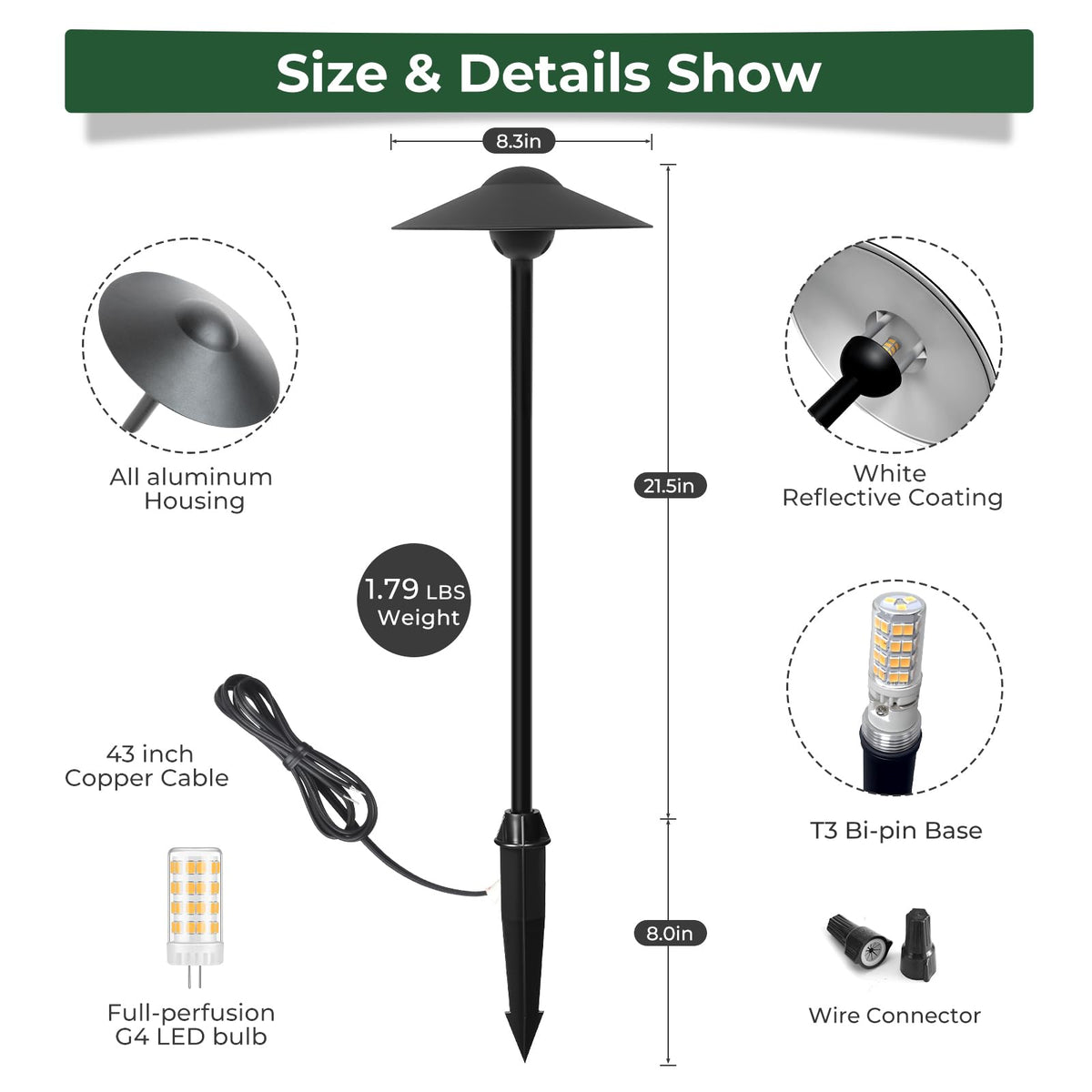 Gardencoin Low Voltage Pathway Lights (8.5'' Shade, 21.5'' Tall)，12V Outdoor LED Landscape Path Lights Wired, Aluminum Pathway Lighting with 3W 2700K Replaceable Bulb for Walkway Garden Yard, 6 Pack