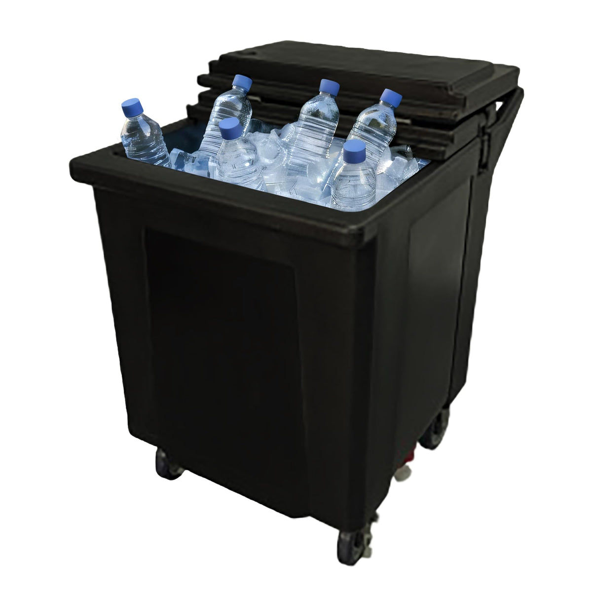 Pearington Tall Ice Caddy, 125 lb Insulated Ice Carrier with Swivel Casters, Commercial Ice Bin with Drain Faucet, Ice Scoop Included, Black
