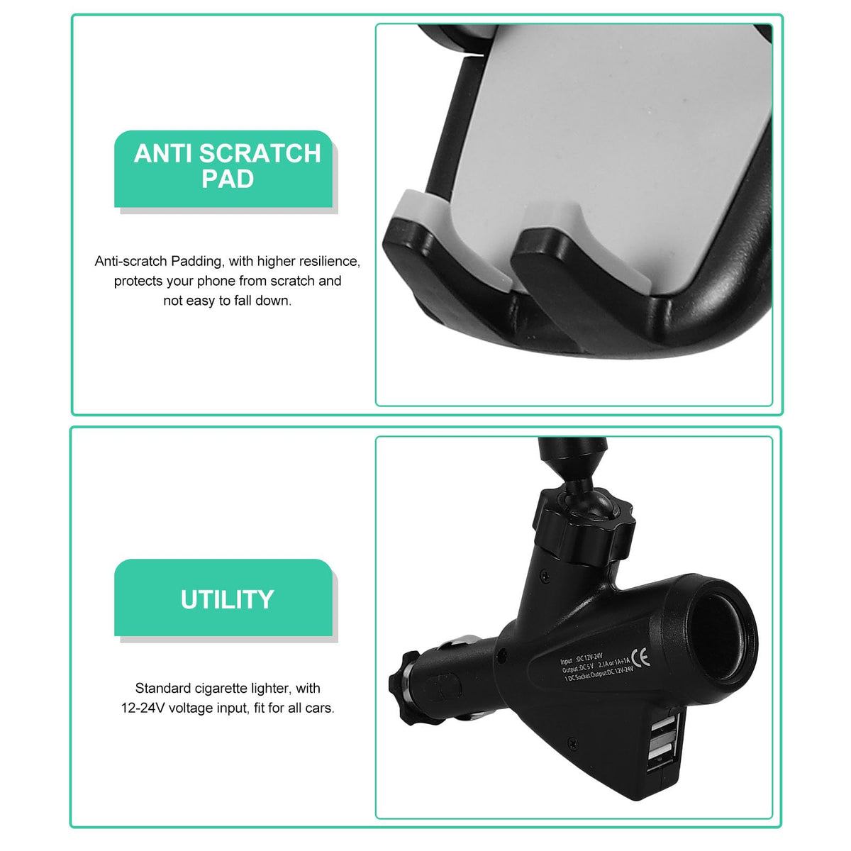 Veemoon Portable Electronic Device Mount for 3-6.5 inch Phones, Dual USB Car Charger Lighter Phone Holder