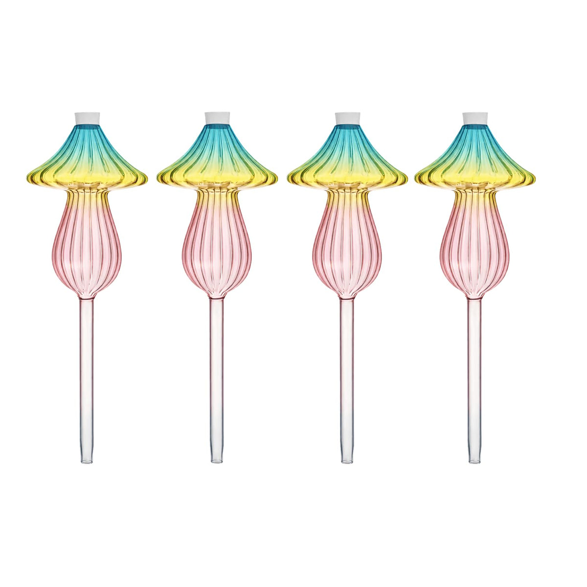 4 PCS Glass Plant Watering Globes Mushroom, Watering Bulbs for Indoor Plants, Rainbow Gradient Color Glass Mushroom Watering Bulbs, for Vacation Plant Care.