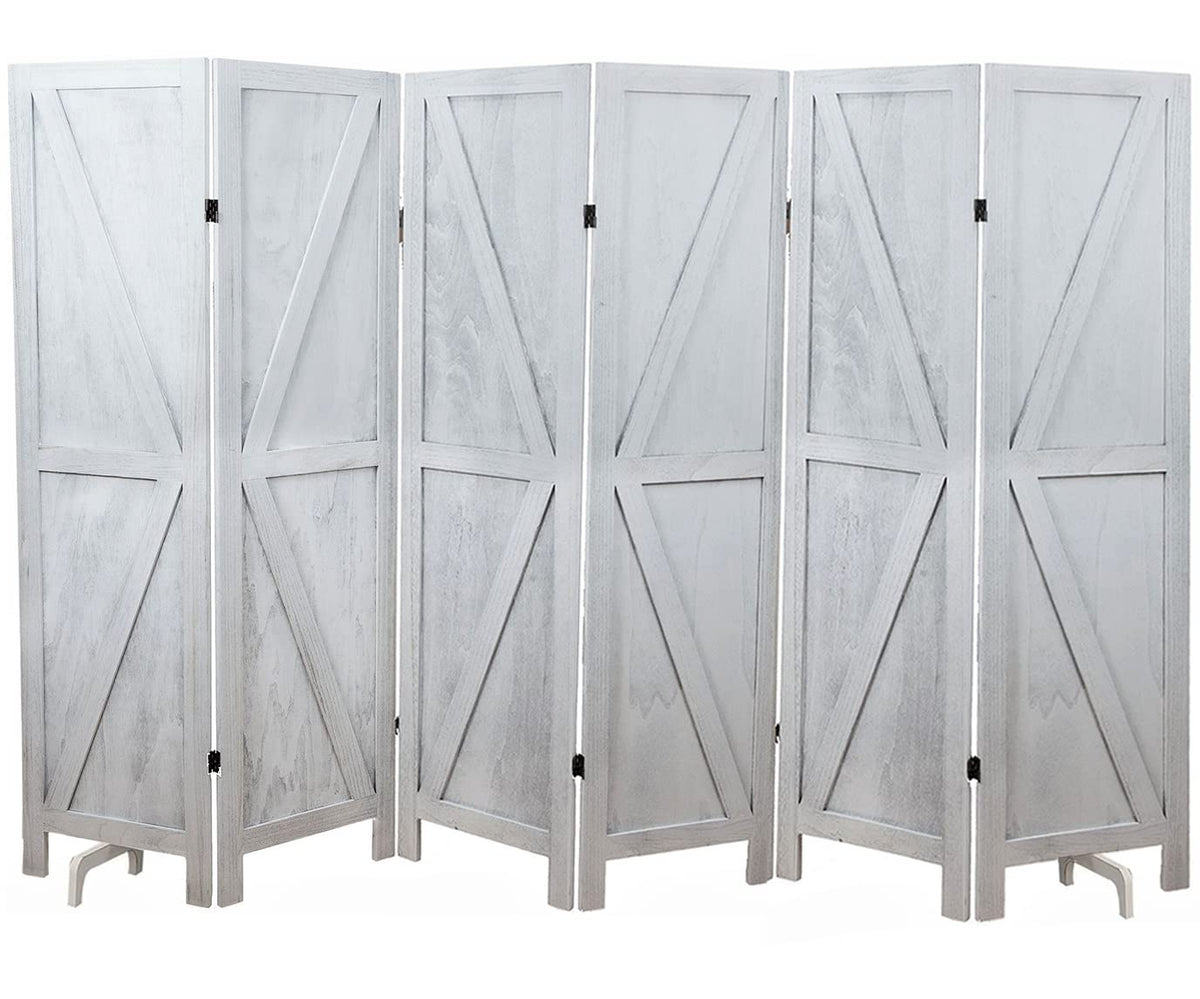 Premium Home 6-Panel Room Divider – Rustic White Barn Door, K Pattern Folding Privacy Screen, Partition Wall