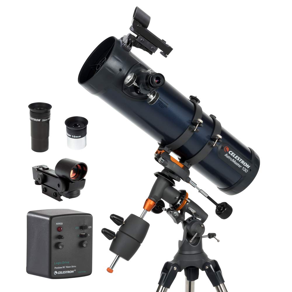 Celestron – AstroMaster 130EQ–MD Newtonian Reflector Telescope for Beginners – Aluminized Mirror – Motor Drive to Track Stars – Adjustable Tripod – Includes Eyepieces Plus Astronomy Software Package