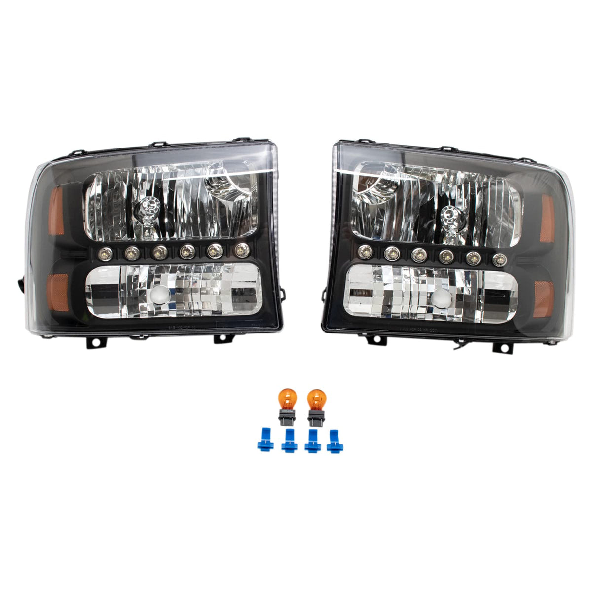 TRQ 2 Piece Headlight Assembly Set Performance LED Daytime Running Lights Black Bezel Driver & Passenger Side Compatible with Ford Excursion 2000-2004 F250 F350 1999-2004 F450 F550 1999-2003