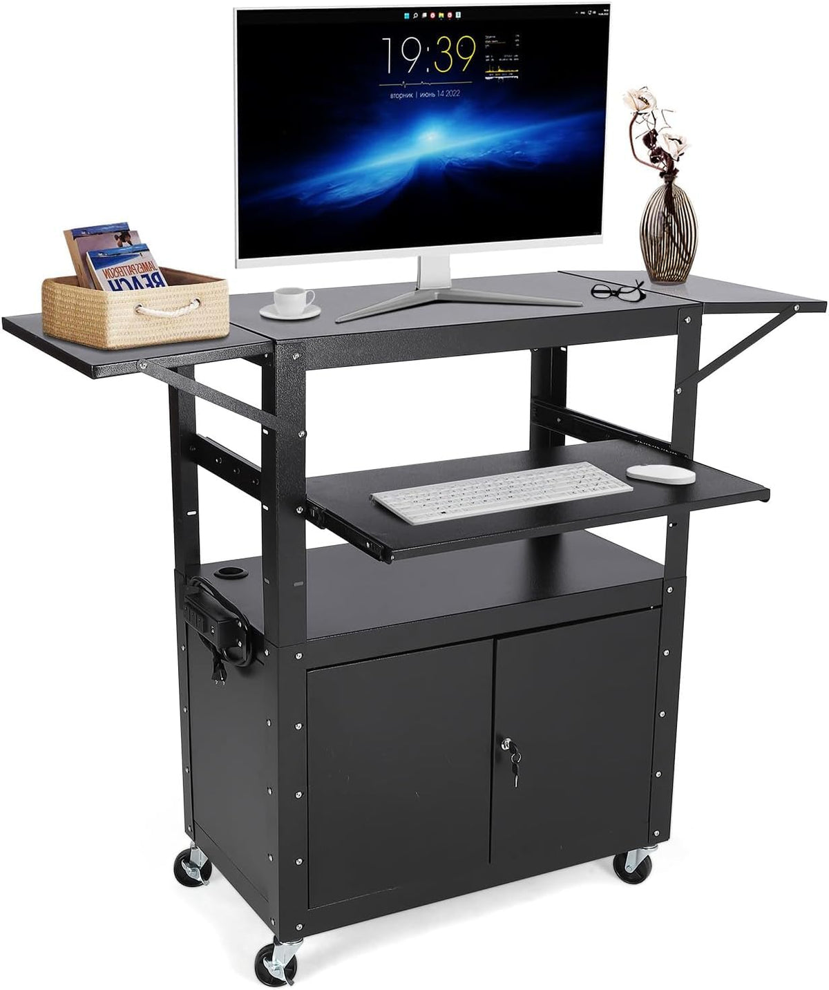 Rolling AV Cart with Locking Cabinet, Laptop Stand, and Drop Leaves, Height Adjustable Mobile Utility Cart Workstation with Extra Storage Space, Power Strip