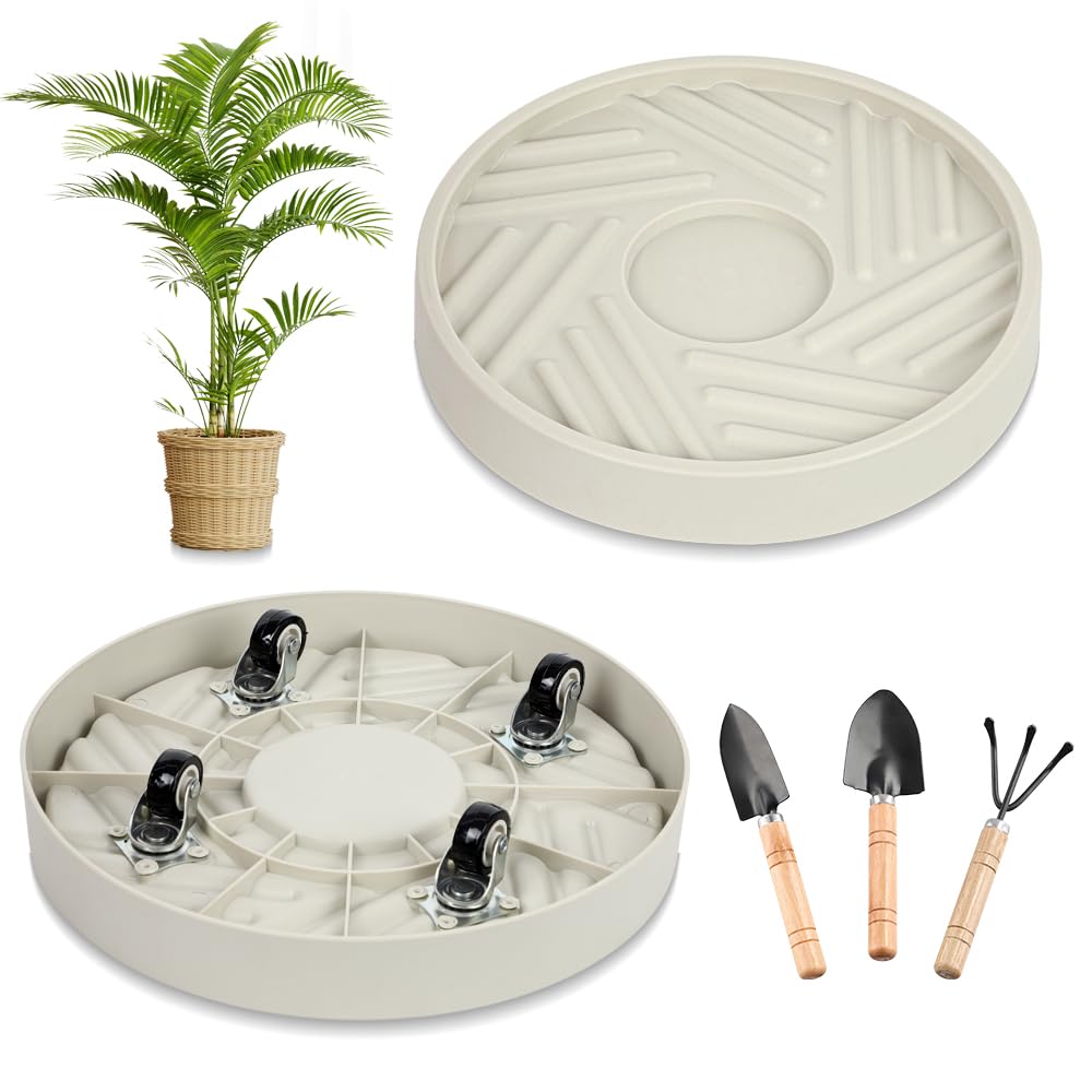 UoeRing Plant Caddy with Hidden Wheels 11 Inch Heavy Duty Rolling Plant Stand, Indoor Outdoor Plant Saucer Tray with $9.9 Garden Tools (Beige)