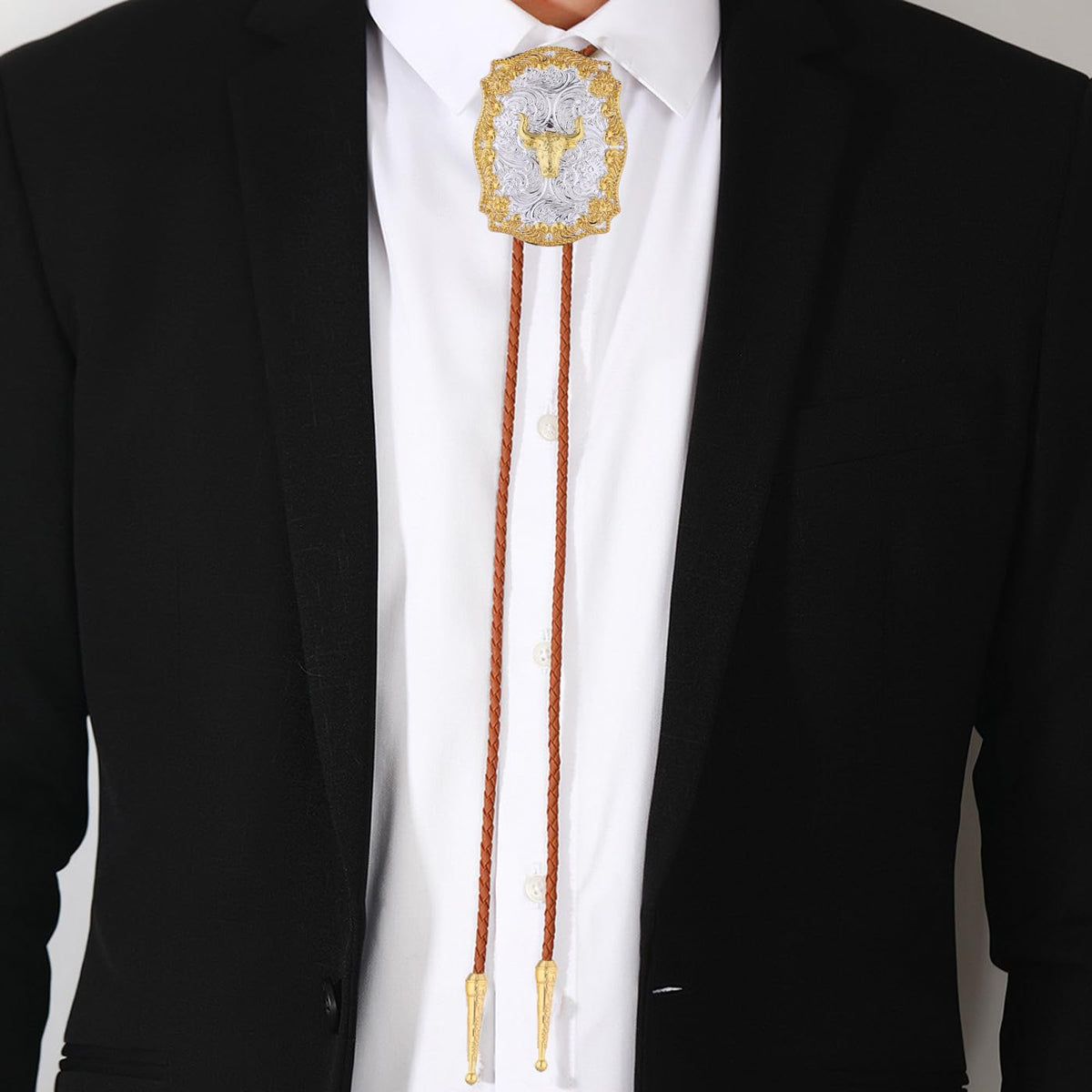 GelConnie Western Bolo Tie for Men Gold Cow Skull Pendant on Brown Leather Bolo Tie Handmade Western Ties Cowboy Necktie Accessories