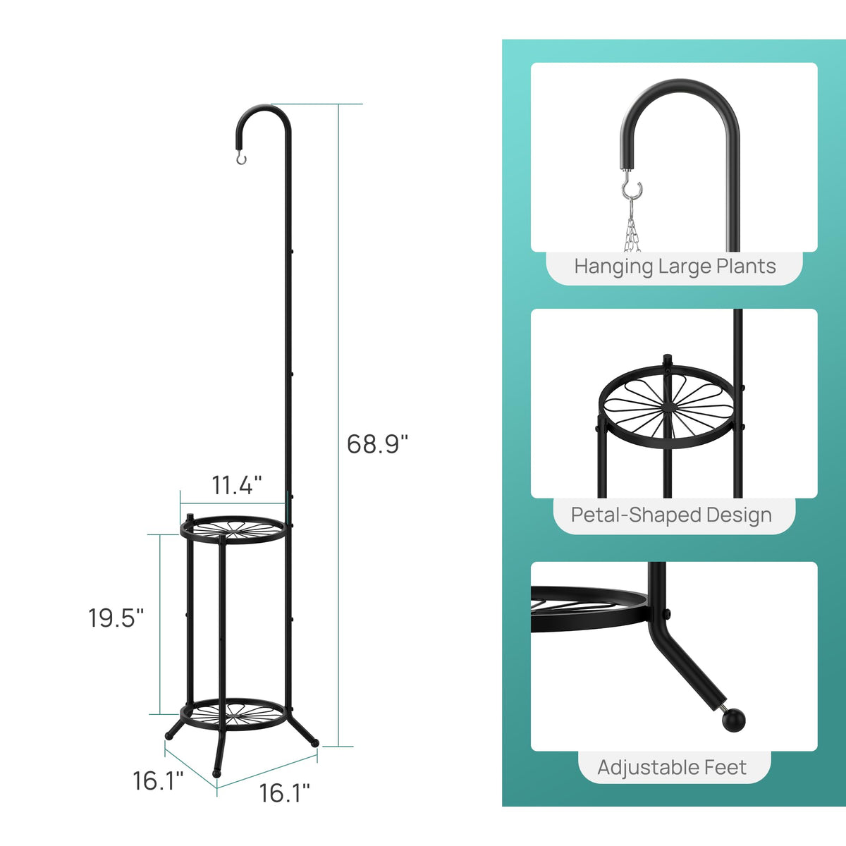 2-Tier Hanging Plant Stand, Heavy Duty Metal Planter Rack - Space Saving Indoor/Outdoor Shelves with 41" Hanging Space - Display Multiple Flower Pots, Tall Iron Plant Organizer for Living Room, Patio & Garden