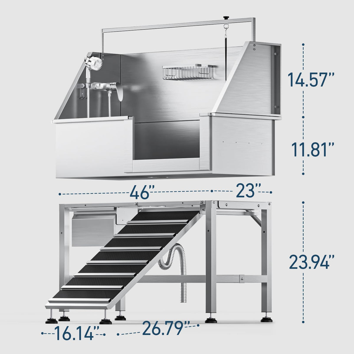46" Heavy Duty Dog Washing Station - 304 Stainless Steel Pet Bathing Tub with Right Side Ramp, Elevated Grooming Sink with Storage Drawer & Removable Floor Grate, Outdoor Ready for Large & Medium Dogs