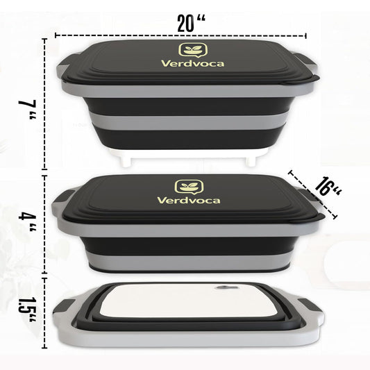 Verdvoca 1 Piece XXL & 2Pcs XL Collapsible BBQ Prep Tubs/Cutting Board with Lids for Fruit Prep & Washing, Meal Marinating and Food Storage (16L Orange +30L Black+16L Black)