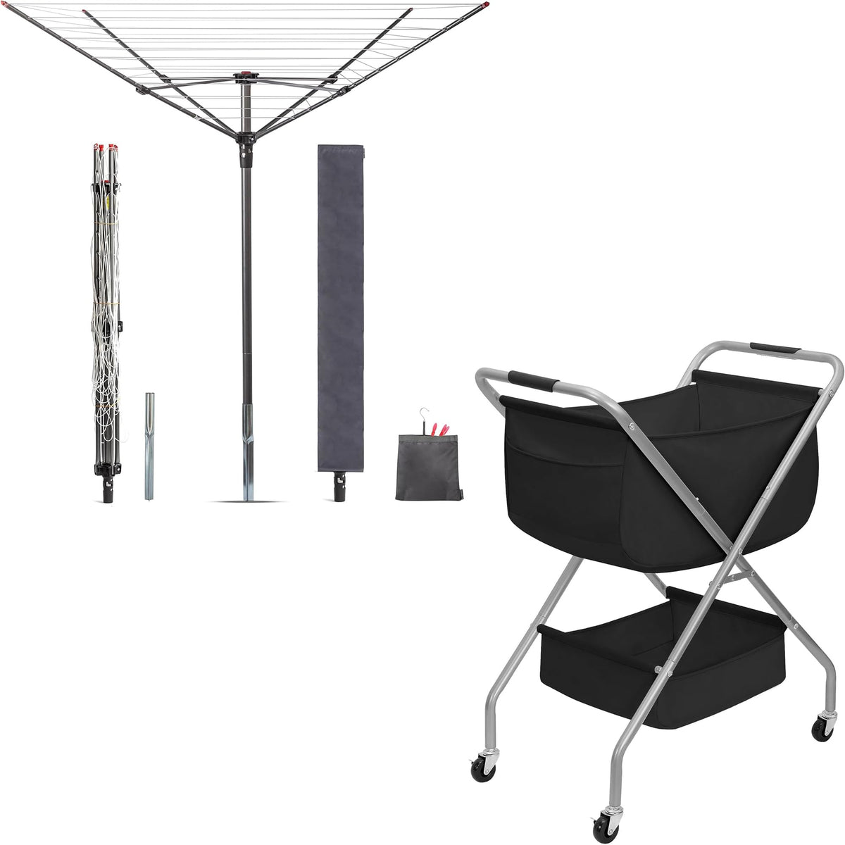 STORAGE MANIAC Outdoor Umbrella Drying Rack + 2 Tier Collapsible Laundry Cart