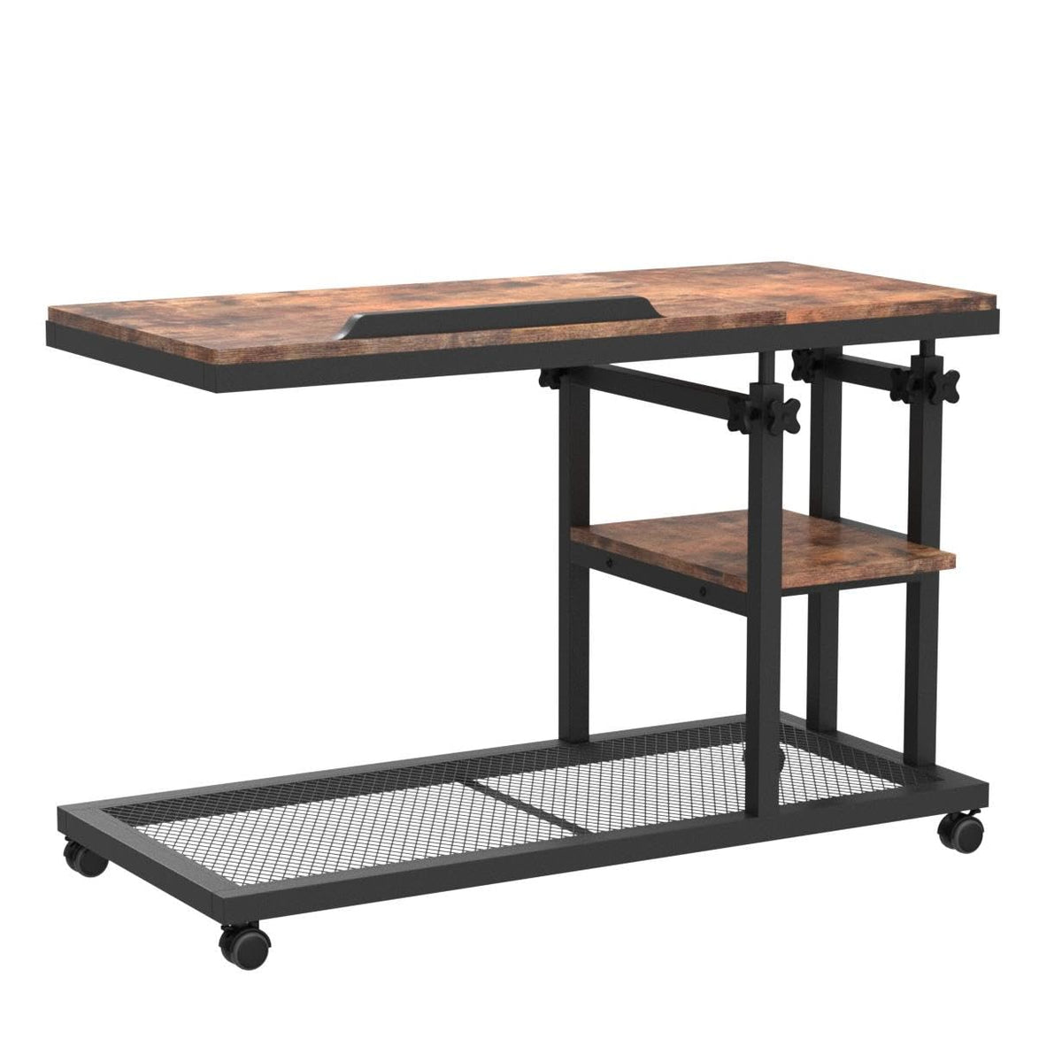 Tribesigns Height Adjustable C Table with Wheels, Mobile Couch Snack Side Table with Tiltable Drawing Board, Sofa Bedside Laptop Stand C Shaped TV Tray with Storage Shelves (Brown)