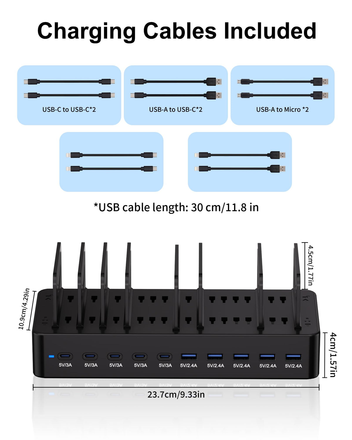 100W Charging Station for Multiple Devices, 10-Port USB Fast Charging Station with Adjustable Dividers & 10 Cables- Multi Device Organizer Charging Dock for iPhone, iPad, Tablets & More(Black)
