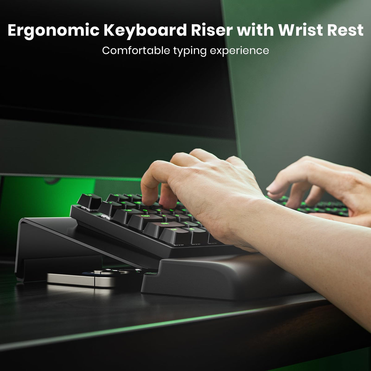 Compact Keyboard Stand w/Silicone Wrist Rest & 3-Level Height Adjustment, Klearlook Acrylic 16.85 x 5.5 inches Space-Saving Computer Keyboard Riser w/Storage Slot for Comfortable Typing - Black