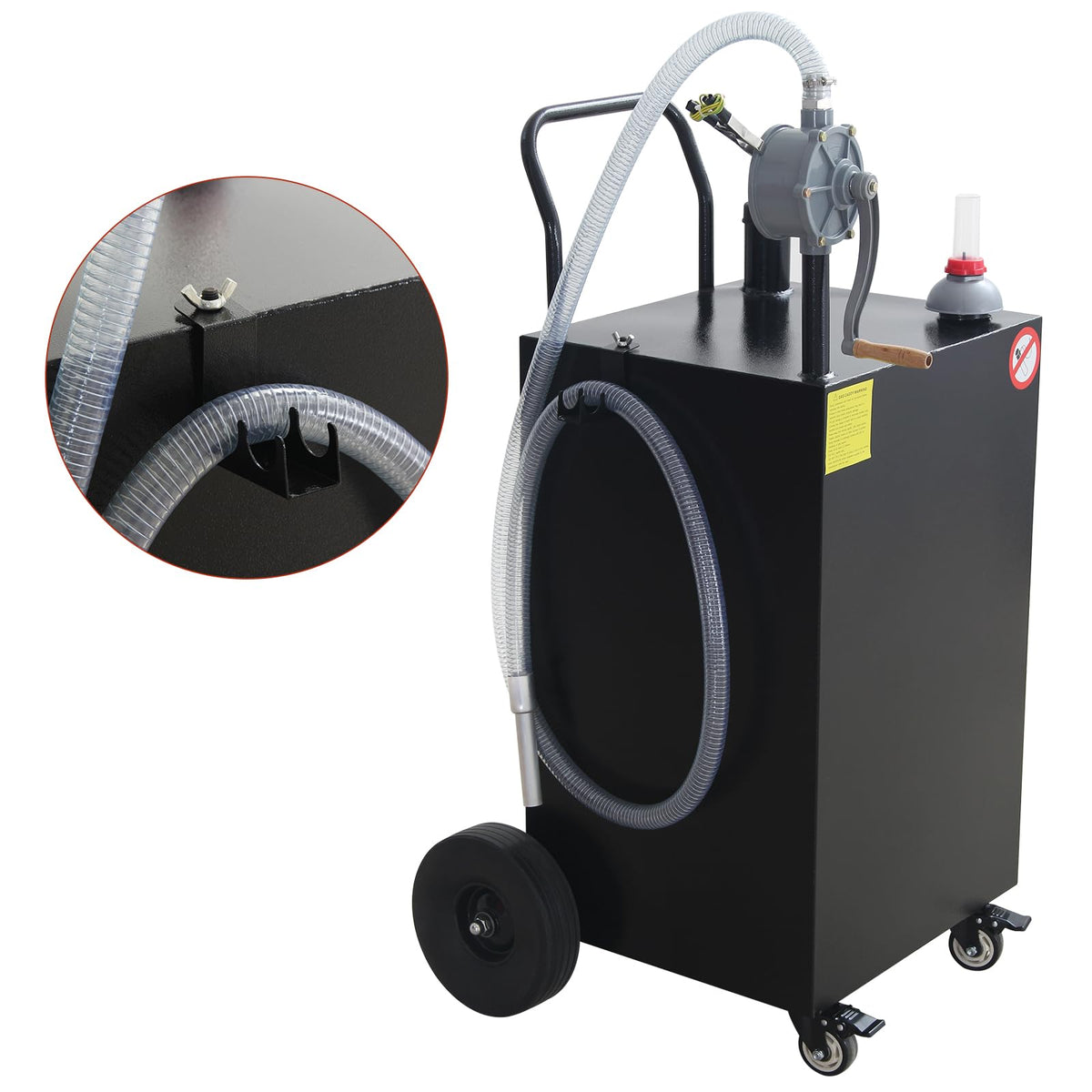 45 Gallon Gas Caddy Gasoline Diesel Can Hand Siphon Pump With Rolling Flat-Free Solid Rubber Wheels(Black)