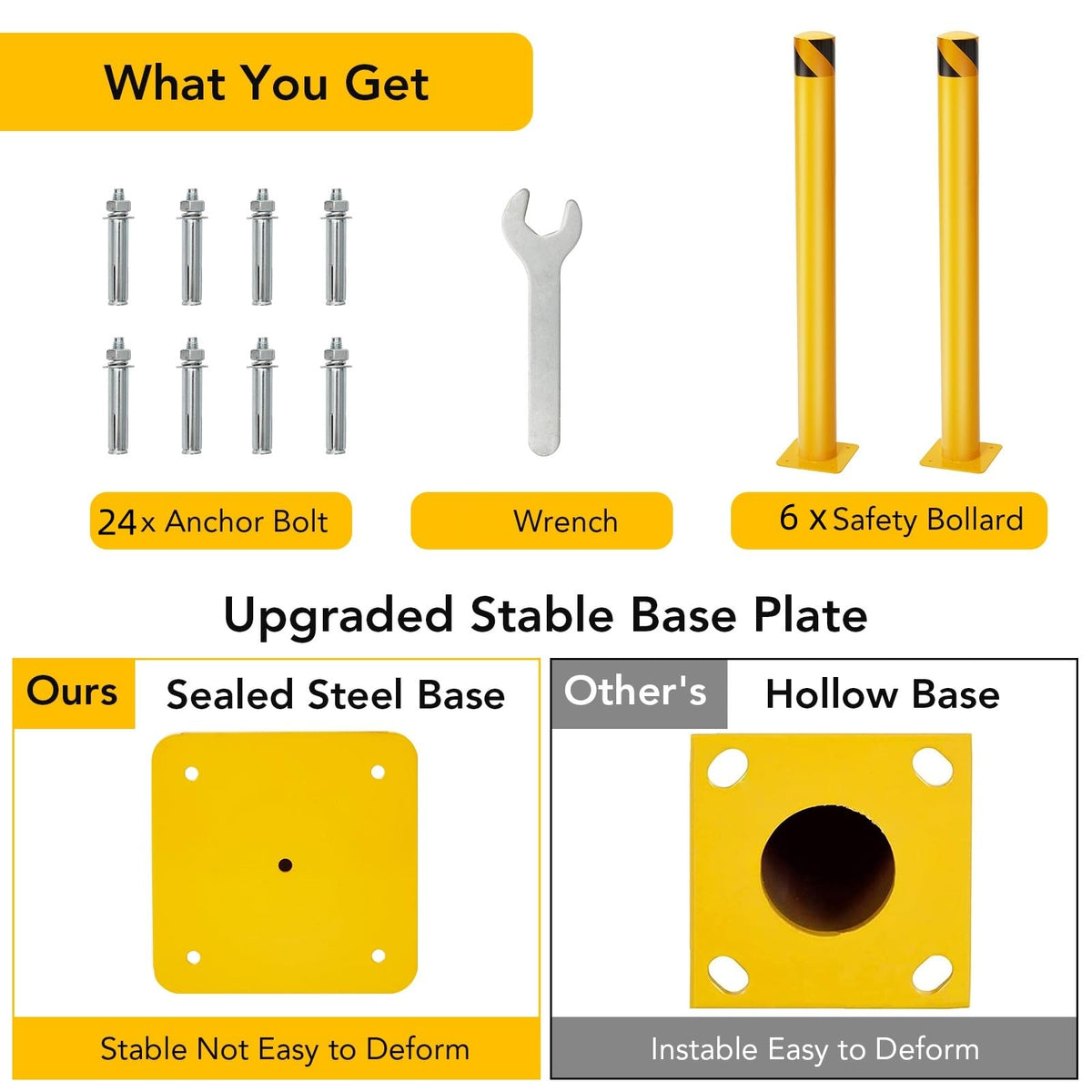 Safety Bollard Post 6 Packs, PeakPursuit 48 Inch Height Steel Bollards, 4.5 Inch Diameter Parking Bollard, Yellow Powder Coated Safety Parking Barrier Post, for Traffic Sensitive Areas