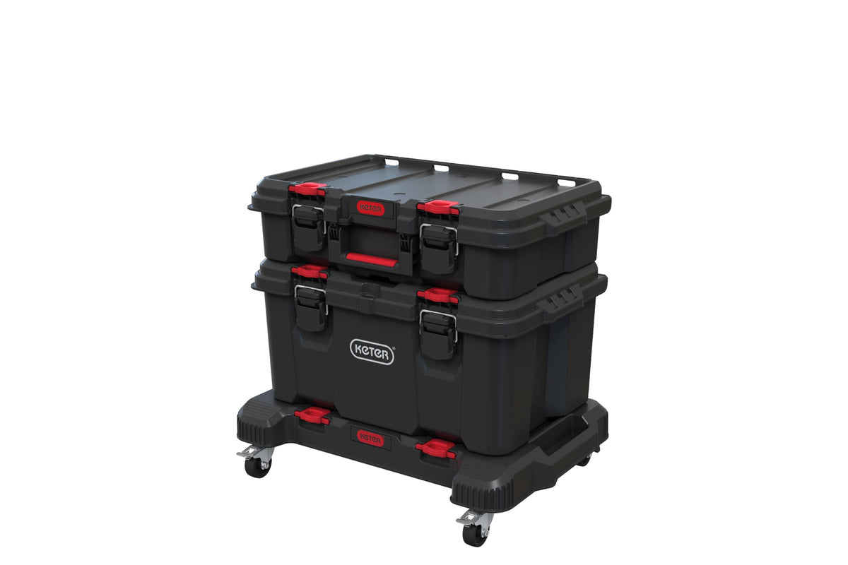 Keter Stack-n-Roll 3-Piece Rolling Tool Storage System – Includes Dolly, Tool Box & Deep Power Tool Case | Modular Mobile Tool Organizer | Stackable Design for Garage, Jobsite & Workshop