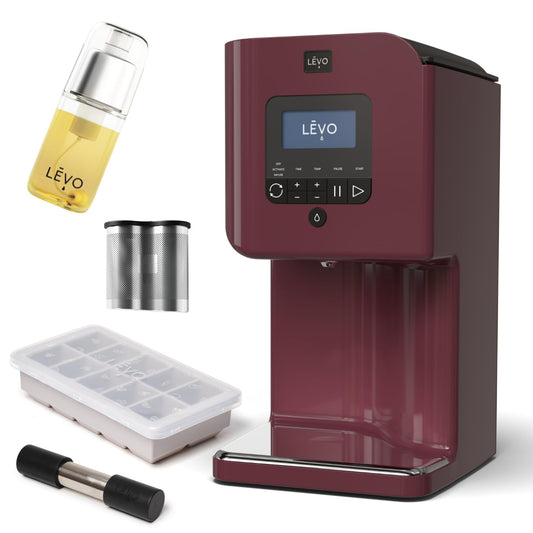 LEVO II+ Infuser Essential Bundle in Mulberry Red – Includes Herb Press, Herb Block Tray (Grey), Extra Power Pod & Infusion Sprayer - Make Your Own Infused Oils & Butter - Easy Herbal Infusion Kit