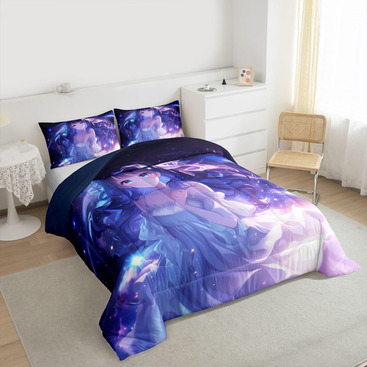 Erosebridal Anime Girls Bedding Anime Gifts Comforter Set for Kids Purple 3D Galaxy Printing Bedding Sets, Cartoon Long Curly Hair Girly Printed Comforter Kids Kawaii Japanese Girl Bed Set, Full