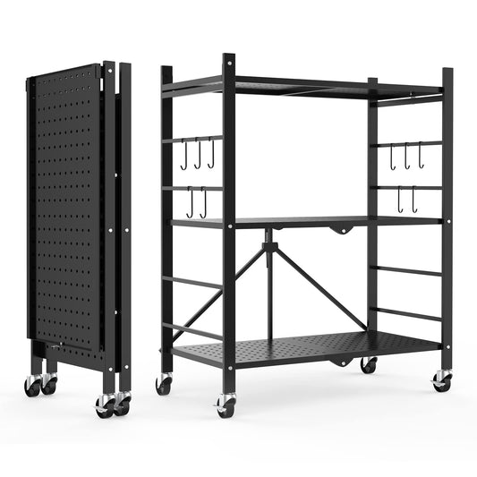 Himix Storage Shelves with Hooks, No Assembly Metal Folding Shelf on Wheels for Kitchen