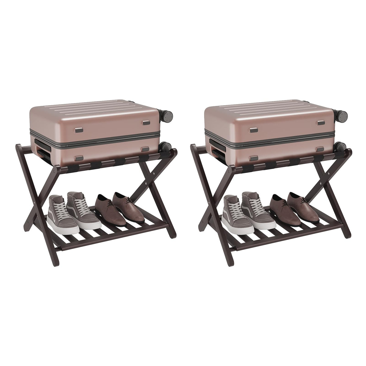 Smuxee Fully Assembled Brown Luggage Racks Pack of 2, Upgraded Bamboo Foldable Suitcase Stand with 5 Nylon Straps, Luggage Holder with Shelf for Guest Room Bedroom Hotel