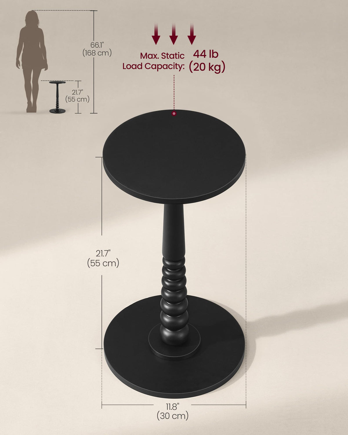 VASAGLE MARIEL Collection - Round Side Table, Small Drink End Table for Small Spaces, Accent Nightstand, Solid Wood Leg, Mid-Century Modern, for Living Room Bedroom, Ink Black ULET293BC01S