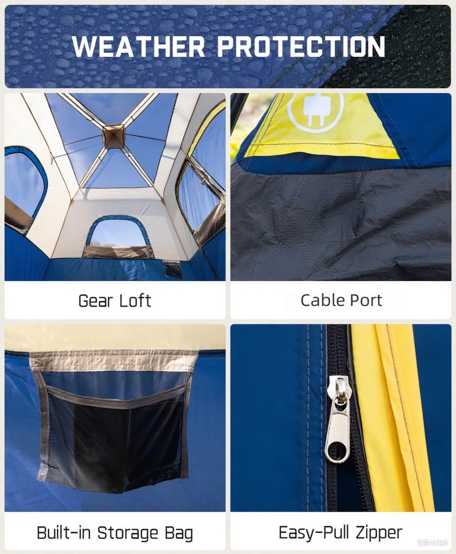 FanttikOutdoor Zeta C10 Pro Camping Tent 10 Person Instant Cabin Tent Setup in 60 Seconds with Rainfly & Windproof Portable with Carry Bag for Family Camping & Hiking, Upgraded Ventilation, Navy Blue
