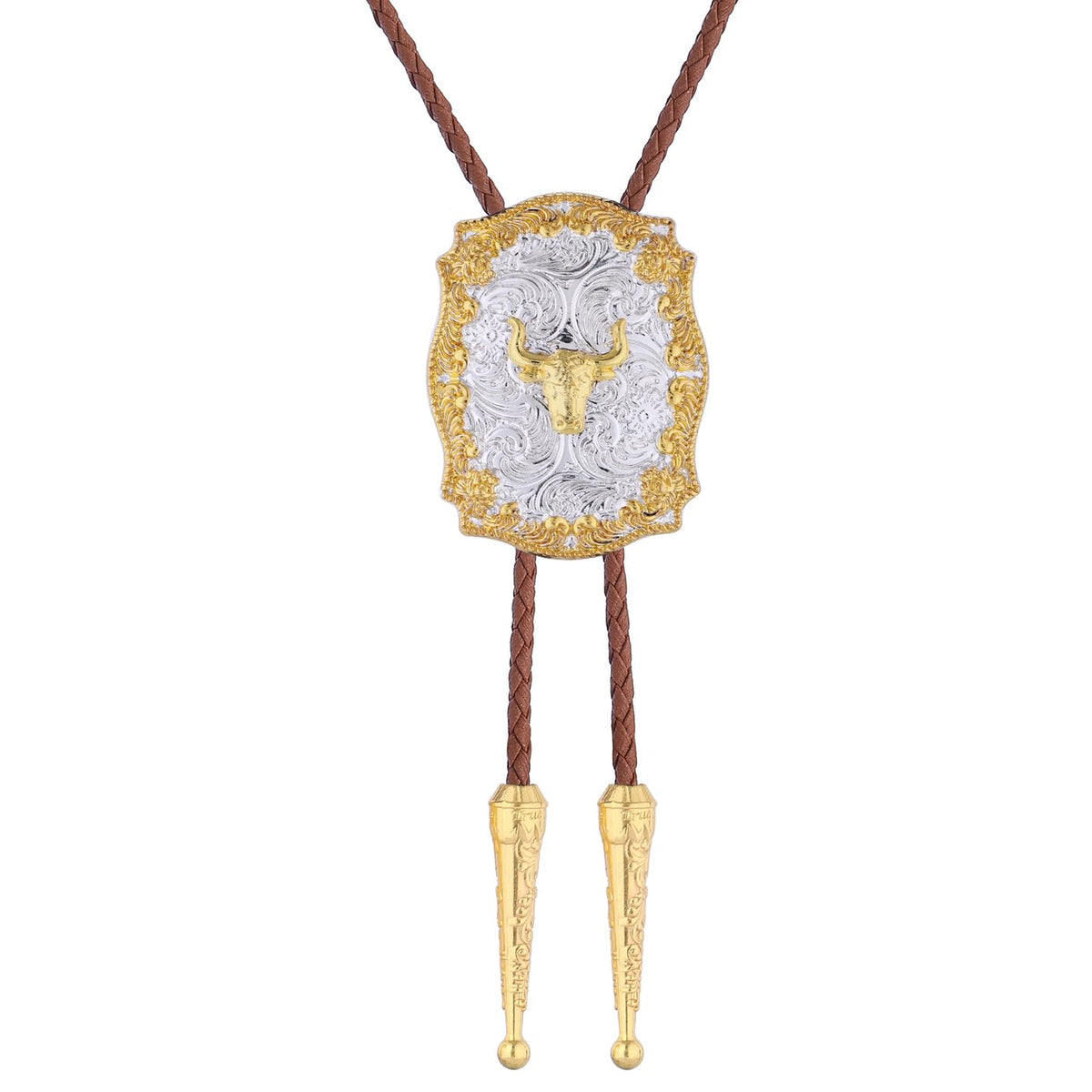 GelConnie Western Bolo Tie for Men Gold Cow Skull Pendant on Brown Leather Bolo Tie Handmade Western Ties Cowboy Necktie Accessories