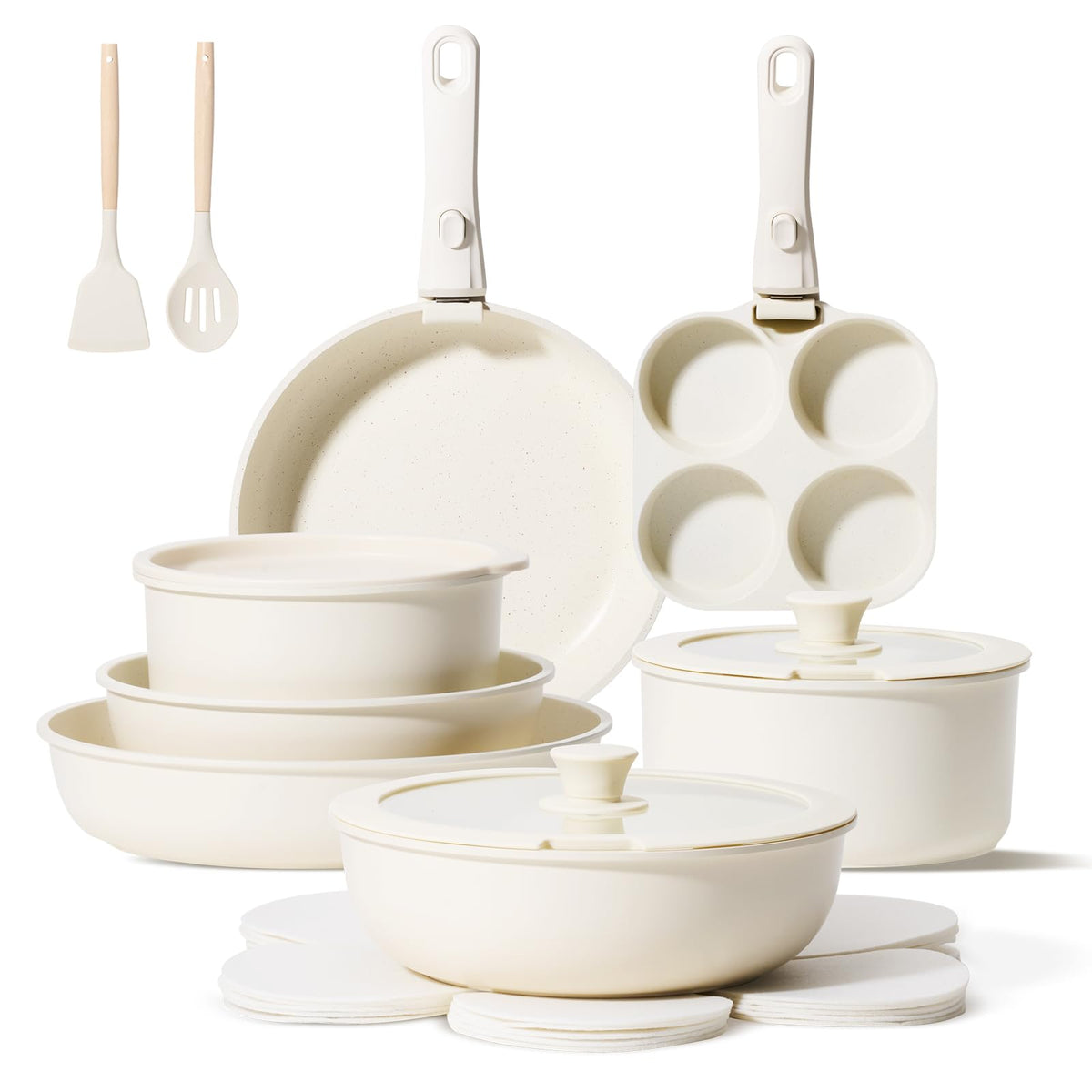 JEETEE Pots and Pans Set Non Stick 19pcs, Kitchen Cookware Sets with Detachable Handle, Induction Nonstick Cookware Set with Removable Handle, Stackable RV Cookware, Oven Safe, PFAS/PFOA Free, Beige