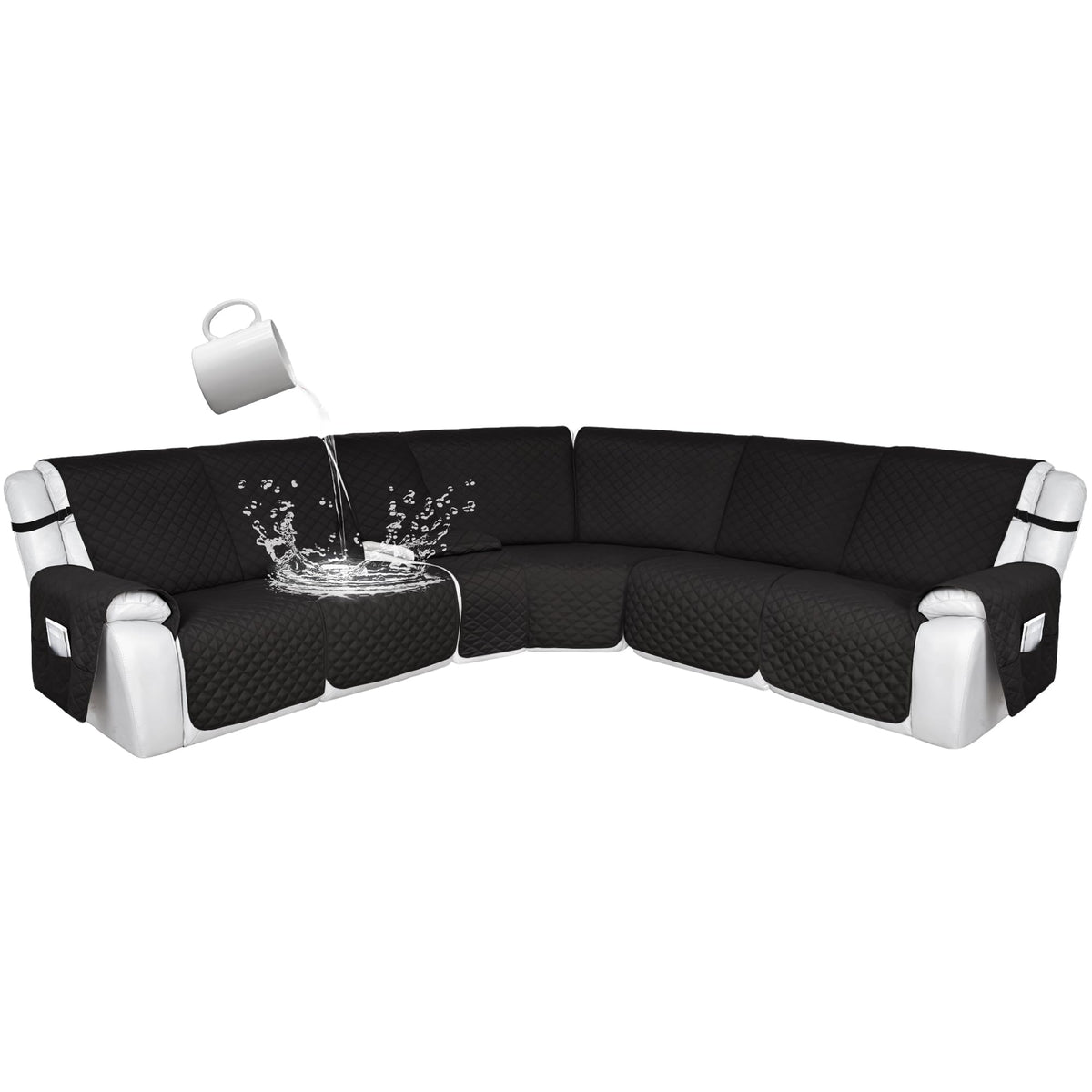 HDCAXKJ 100% Waterproof Reclining Sectional Couch Covers L Shape Recliner Sofa Cover Washable Quilted Soft Pet Dog Corner Recliner Slipcovers with Pockets (XL5 Seat and 1 Middle Console, Black)