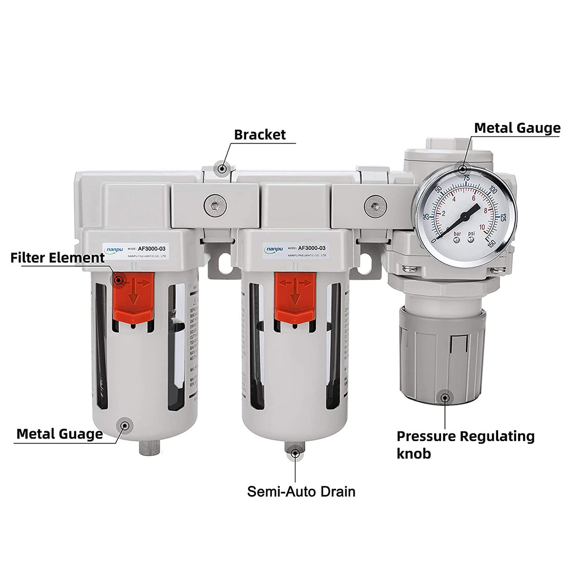 NANPU 3/4" NPT Air Drying System - Double Air Filters, Air Pressure Regulator Combo - Semi-Auto Drain, Poly Bowl