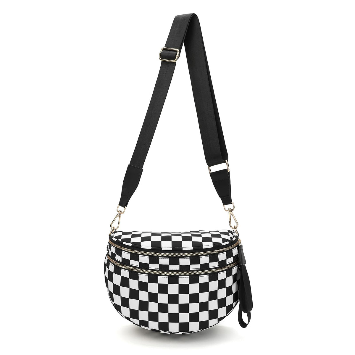 FFEDAYUN Checkered Crossbody Bag Spacious Bum Bags for Women Nylon Fanny Packs Belt Bag Handbags Wallets for Shopping Travel,Black White