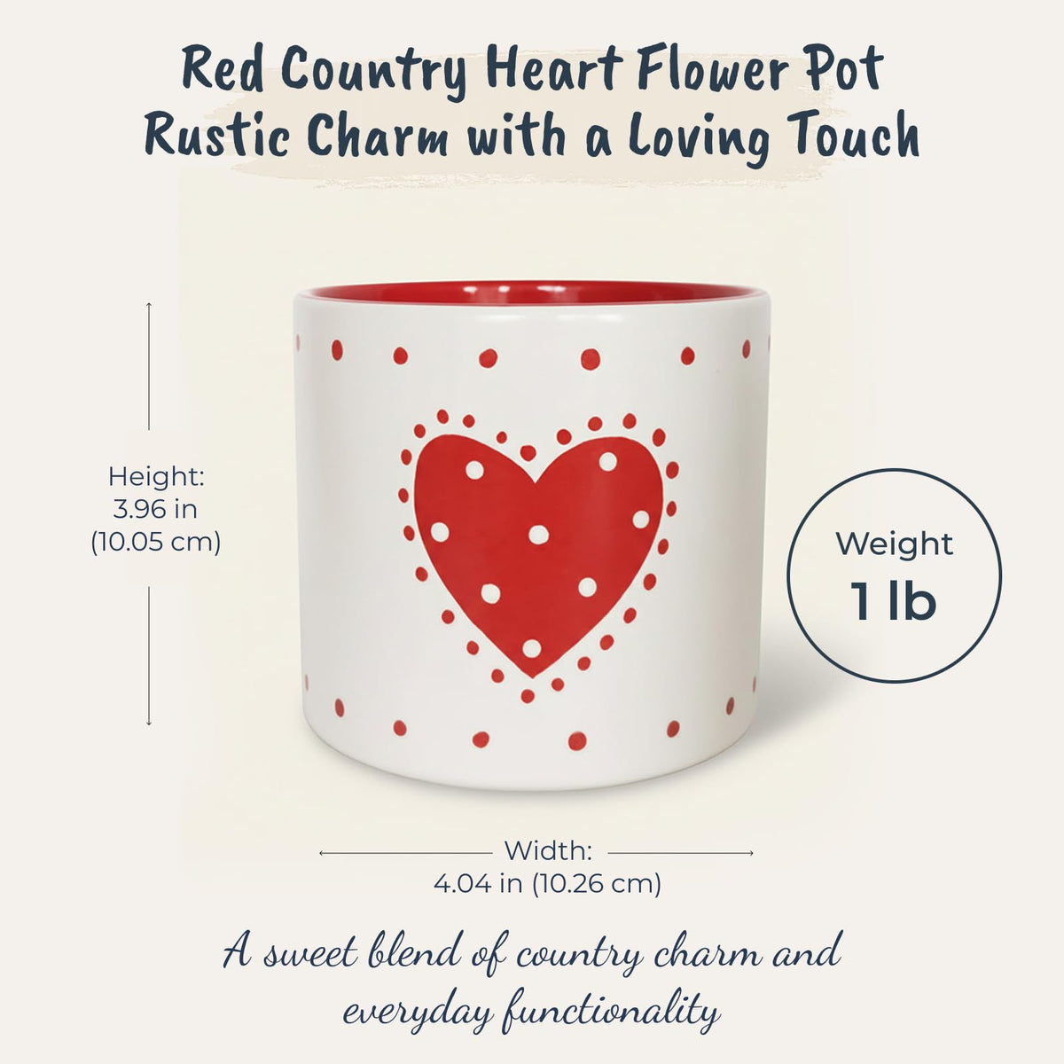 Blue Sky Clayworks Red Country Heart 4'' Flower Pot, Cherry Dot Charm for Tiny Greens