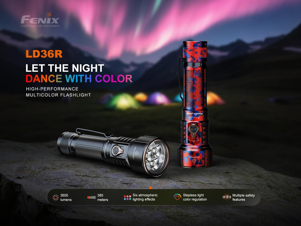 Fenix LD36R 3600 Lumens Rechargeable Flashlight, USB-C Fast Charging with 6 RGB Presets & Continuously Adjustable Color Output (Black)