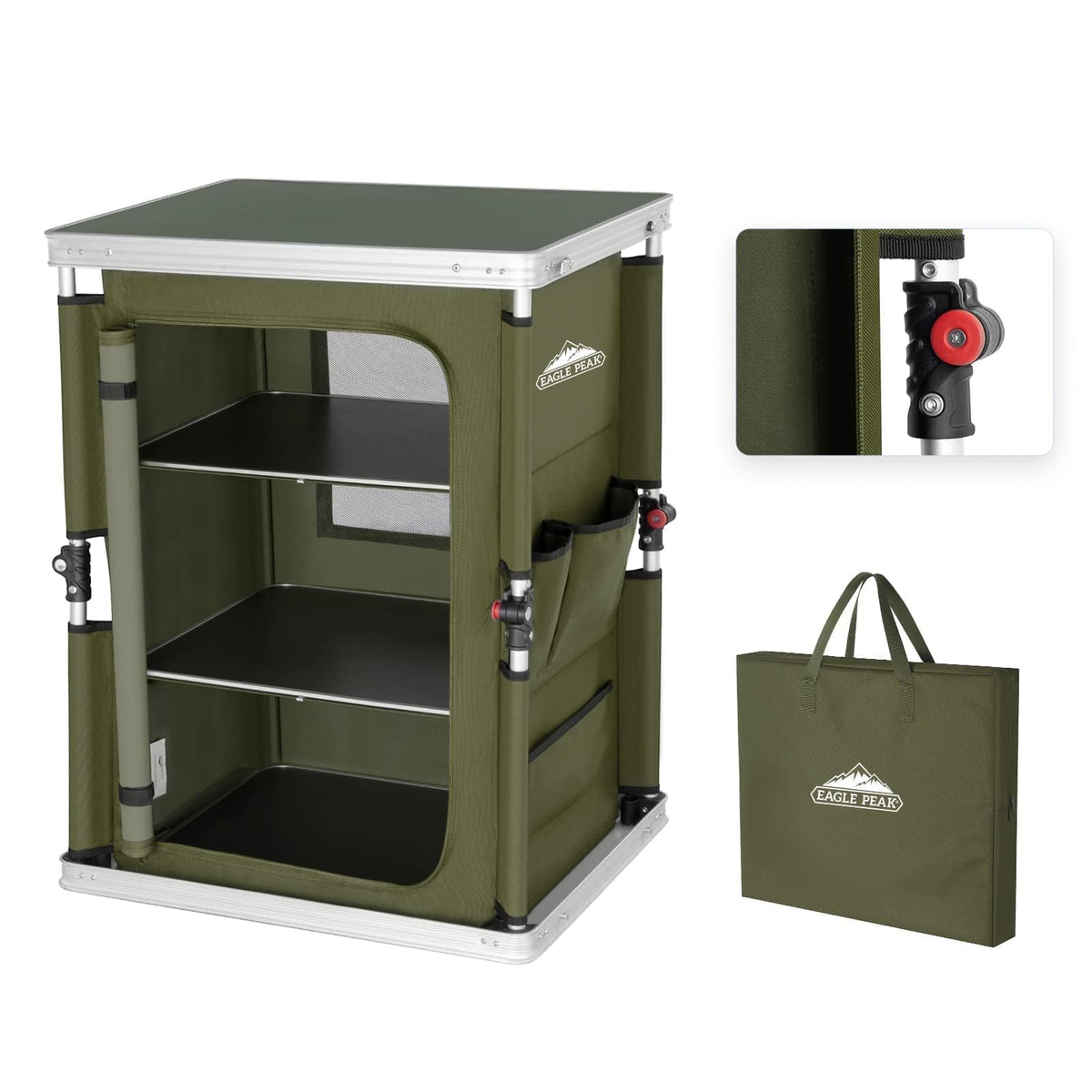 EAGLE PEAK Outdoor Folding Camping Table with Large 3-Tier Storage Organizer and Side Pockets, Easy Set Up Portable Aluminum Camping Kitchen, Green
