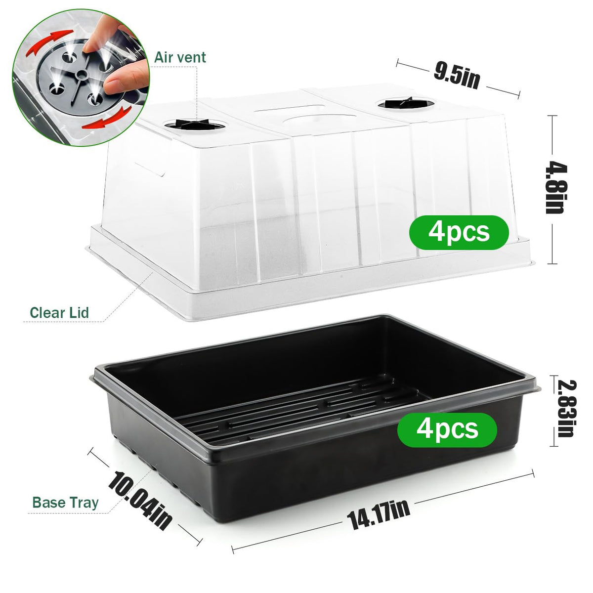 RooTrimmer 4-Pack Seed Starter Trays with 5'' Tall Humidity Domes – Reusable Plant Germination Kit for Microgreens, Herbs & Indoor Gardening | Clear Vented Lids, Fast Seedling Growth & Durable Design