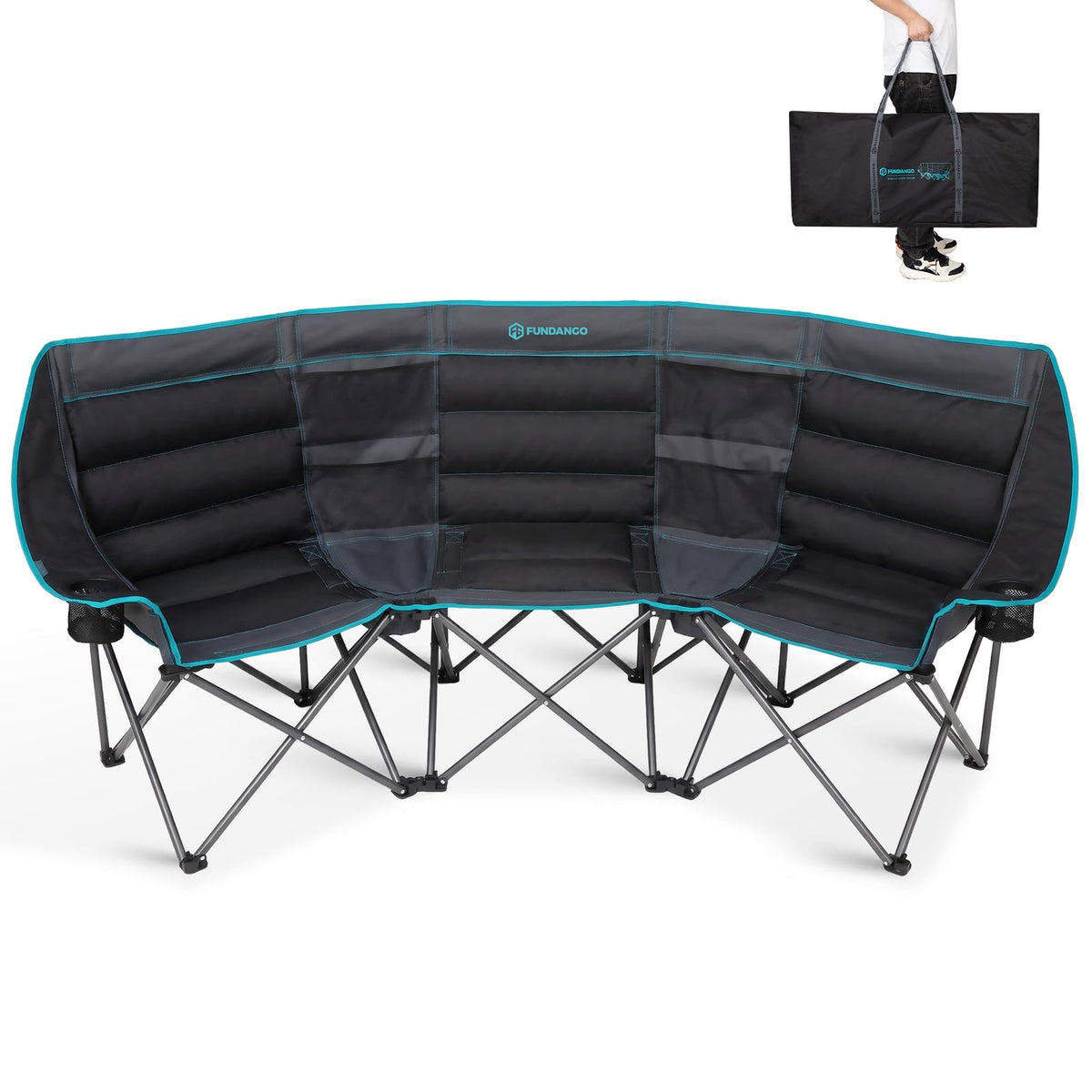FUNDANGO Extra Wide 3 Person Camping Chair for Adults with Cooler, 1000 LBS Heavy Duty Oversized Camp Couch, Padded Folding Seat with Cup Holders for Outdoor, Sports & Lawn