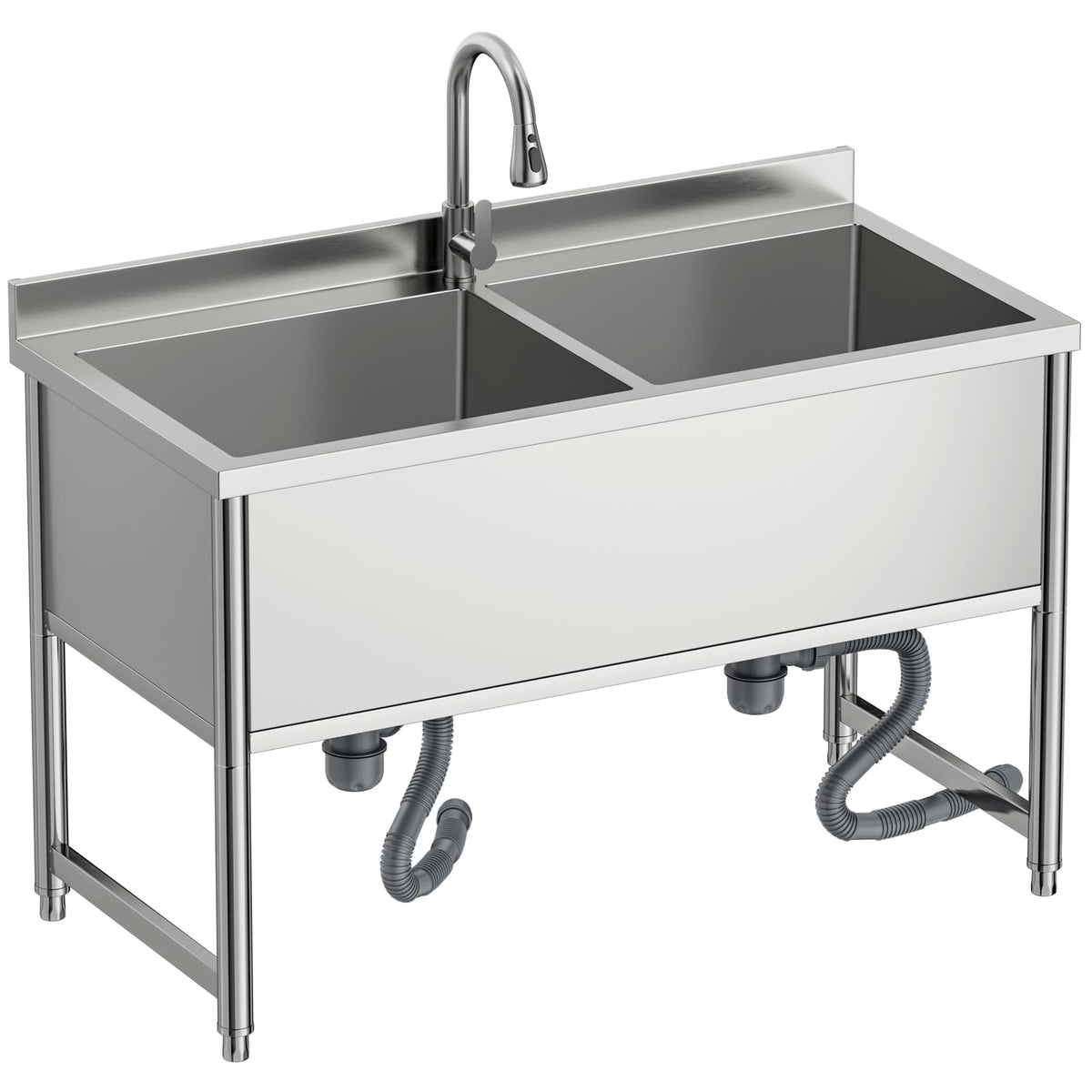 47" Stainless Steel Commercial Sink 2 Bowl Freestanding Kitchen Sink with Pull-out Faucet, Large Utility Sink for Kitchen, Dishwashing, Thawing, Laundry Room, Garage, Outdoor, Total Capacity 50 Gallon