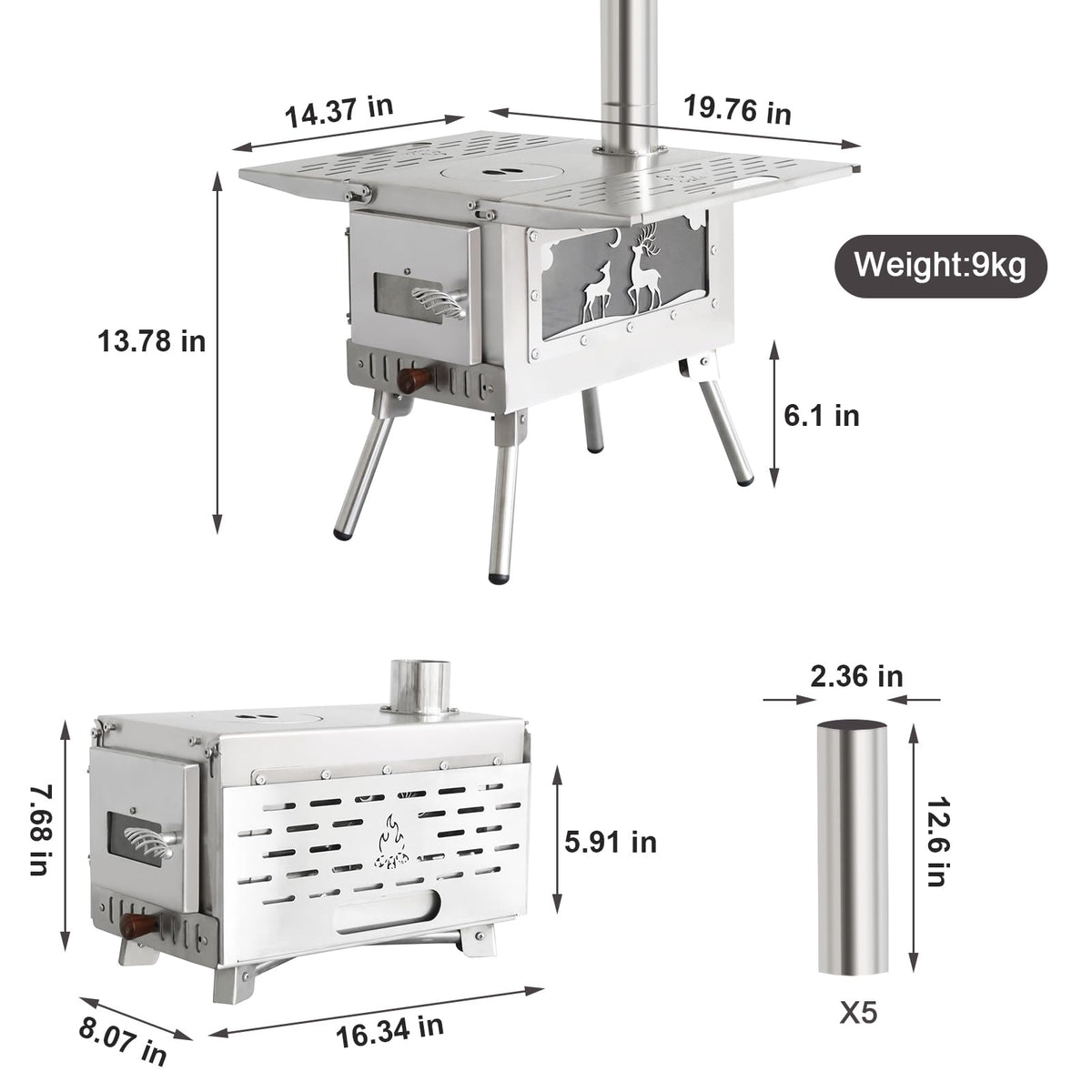 Outdoor Camping Tent Stove Portable Camping Stove Stainless Steel Stove With Chimney Pipe for Outdoor Cooking Camping BBQ Accessories