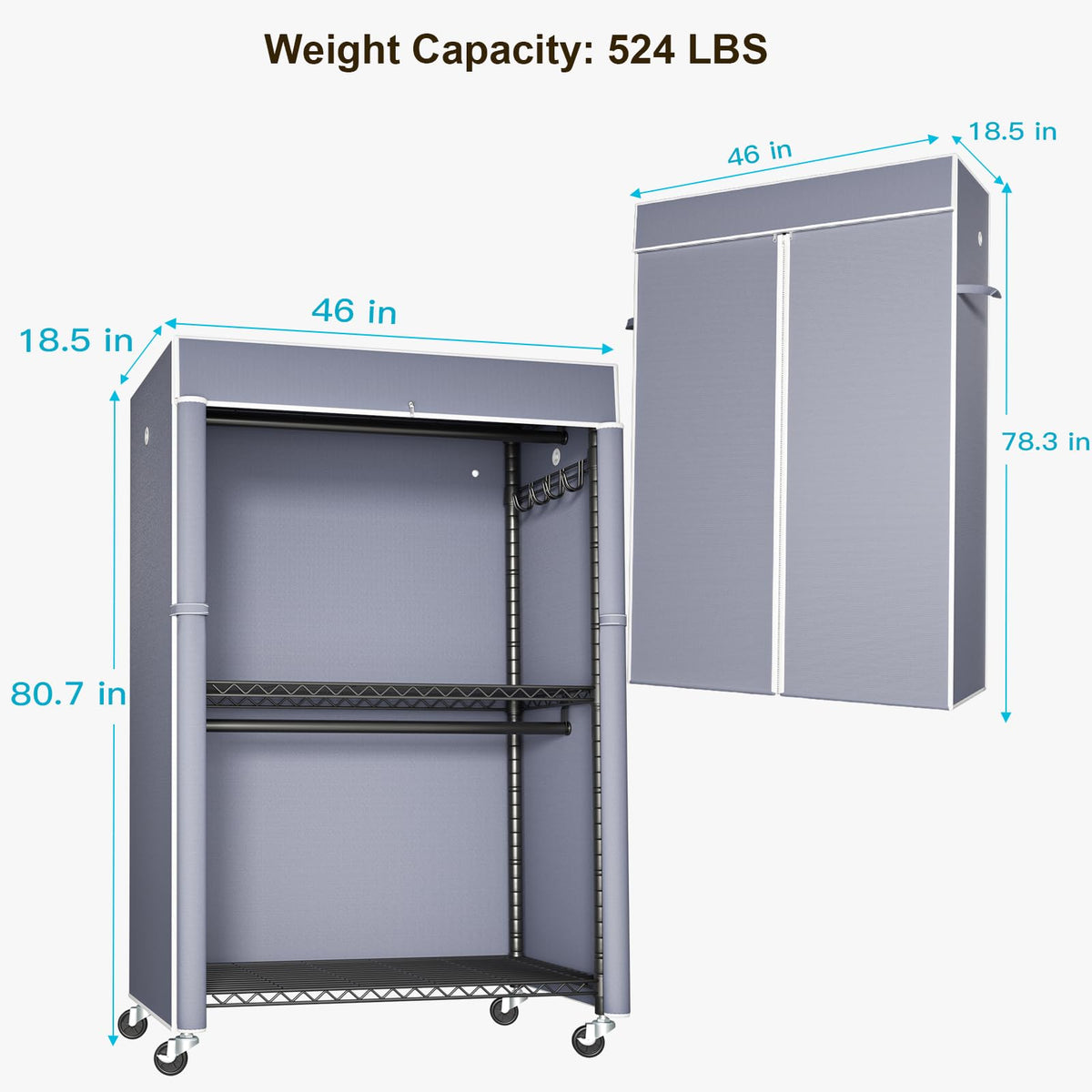 FUTASSI Black Clothing Rack with Grey Cover, P1C Plus Rolling Closets with Wheels, Metal Garment Rack for Hanging Clothes, Clothing Storage Wardrobe, 46" W x 18.5" D x 80.7" H, Load 524 Pounds