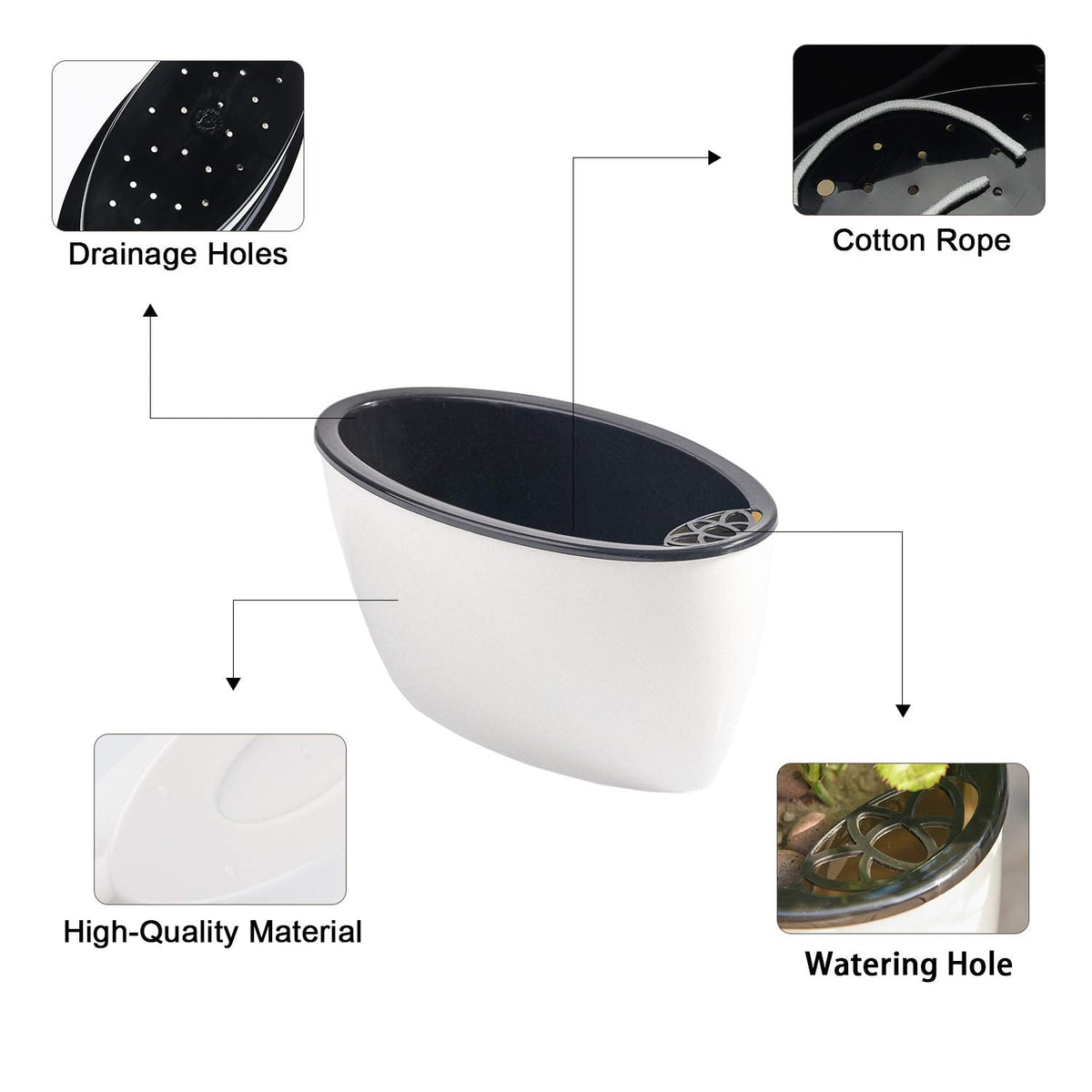 Sungmor Set of 3 Self-Watering Planter Pots - Modern White Plastic Flower Pots for Indoor Plants - Oval Indoor/Outdoor Planters with Water Reservoir, Home & Office Decor
