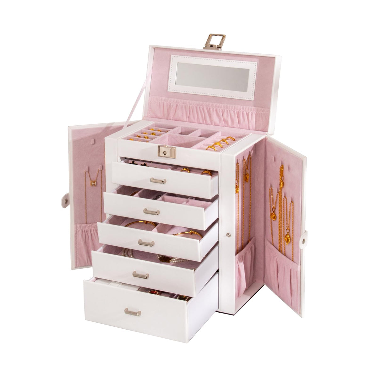 FEIYAN Large Jewelry Box,5-Tier PU Leather Jewelry Organizer with Lock,Multi-functional Storage Case with Mirror,Jewelry Organizer for Bracelets, Earrings, Rings, Necklaces, Mothers Day (CREAM)