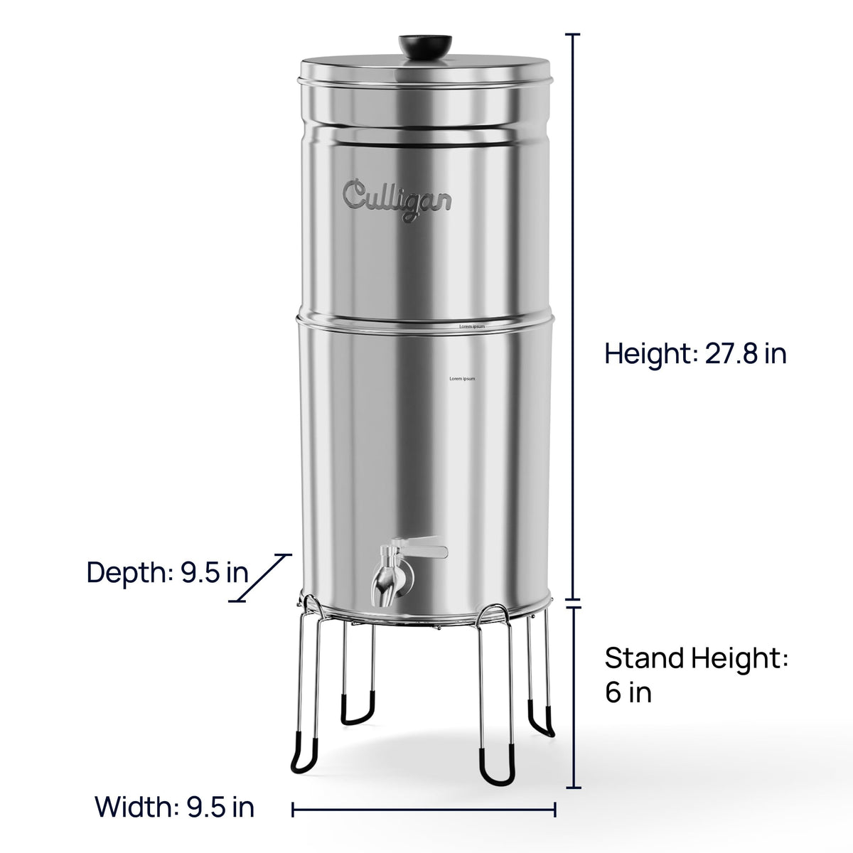 Culligan MaxClear 3 Gallon Gravity Water Filter System, Polished Stainless-Steel Countertop Water Filter NSF/ANSI Certified to Reduce Microplastics, Lead & Total PFAS, with 3 Ceramic Filters
