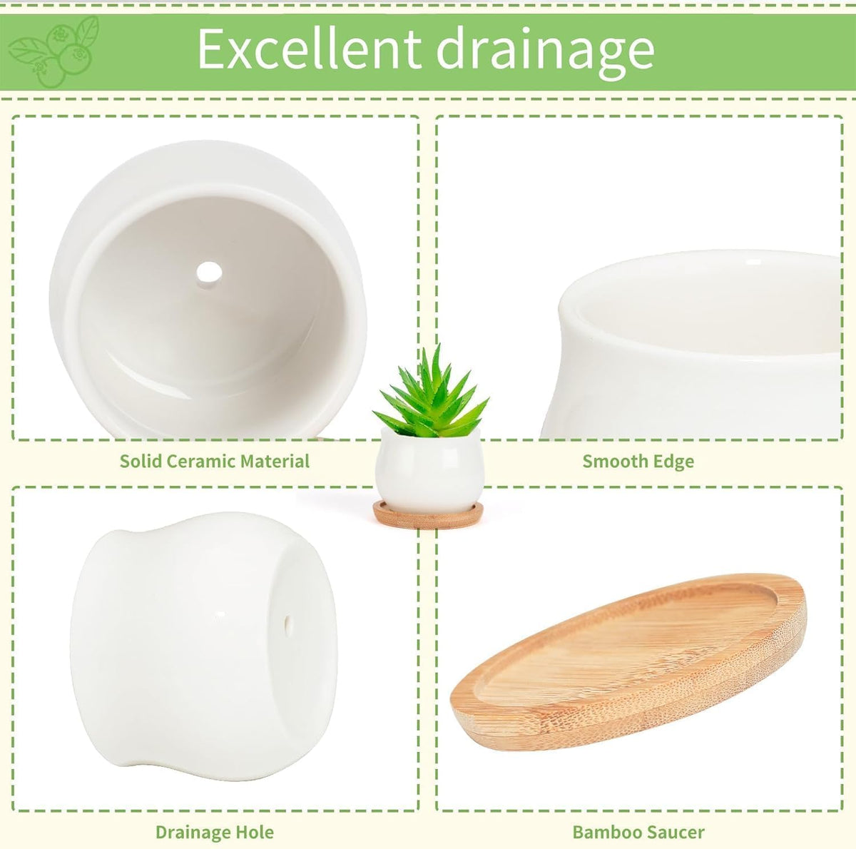 SHECIPIN Succulent Plant Pot, White Mini 2.6 inch Ceramic Flower Planter Pot with Bamboo Tray, Pack of 8 - Plants Not Included