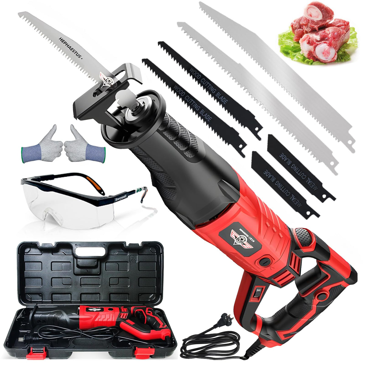 Multi-Purpose 3800W Handheld Electric Saw, 6-in-1 Cutter for Meat Bone, Wood, Metal, Plastic, Aluminum, Heavy Duty Bone Saw Machine Kit with Gloves & Goggles (220V)