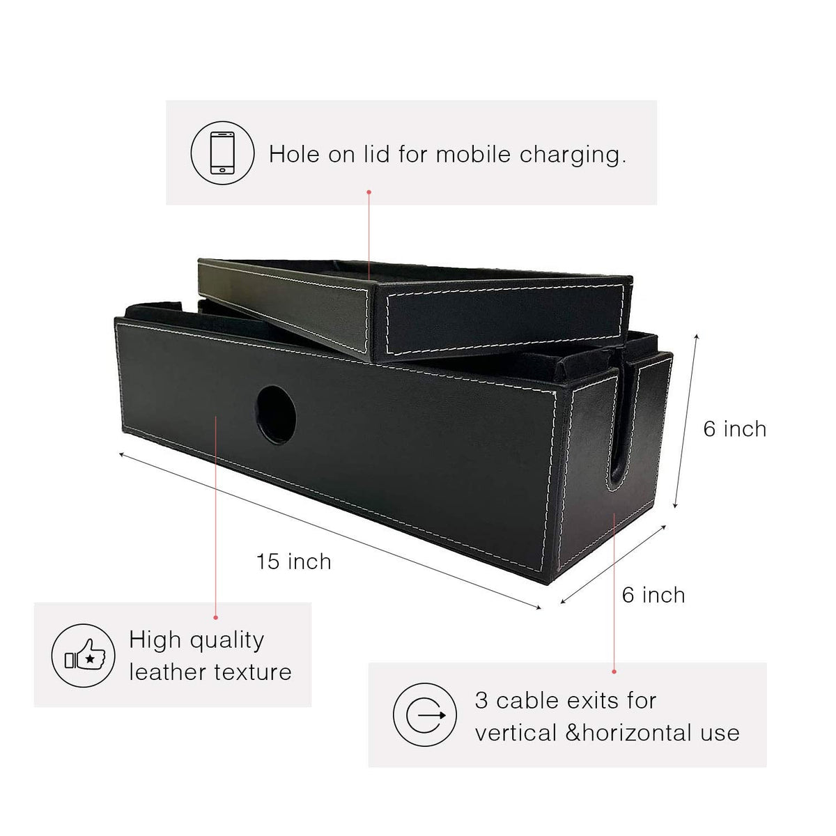 NEET Cable Management Box Large, Computer Cord Organizer, Hide and Conceal, Power Cable Organizer, Computers and Desks, Black Stitched Leather