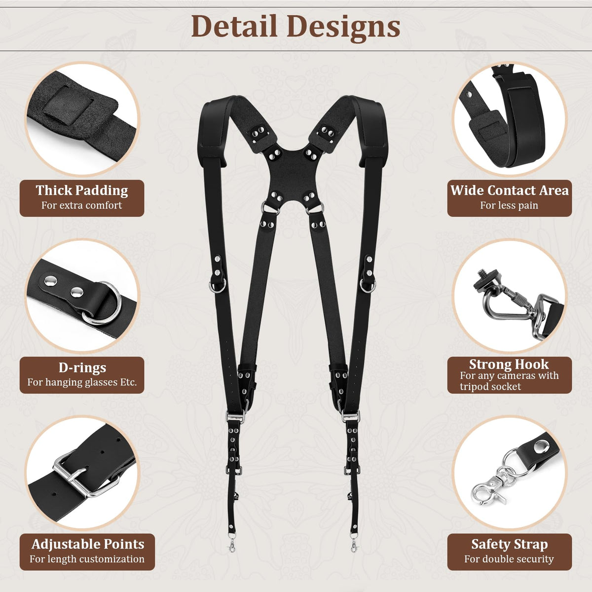 Jumyee Double Camera Harness for 2 Cameras, Adjustable Dual Shoulder Leather Camera Strap for DSLR/SLR(Black Leather)