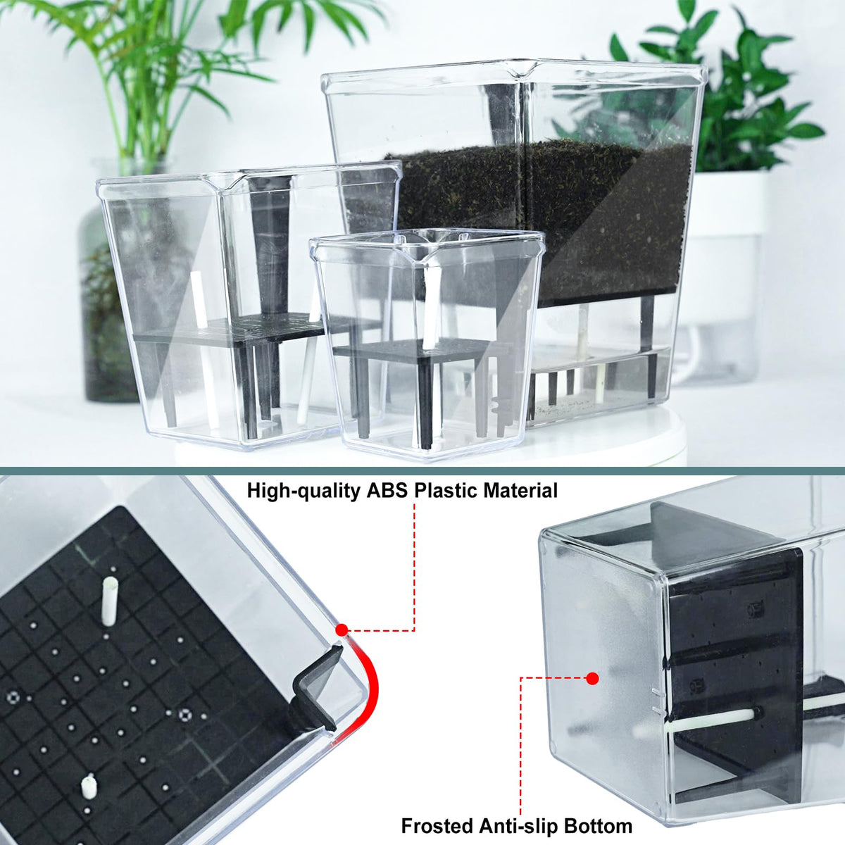 IWNTWY Self Watering Pots Set, 3 Pack 5/4.1/2.7 Inch Self Watering Pot for Indoor Plants, Clear Flowers Pot Planter with Deep Reservoir for Spider Plant, Orchid, African Violet
