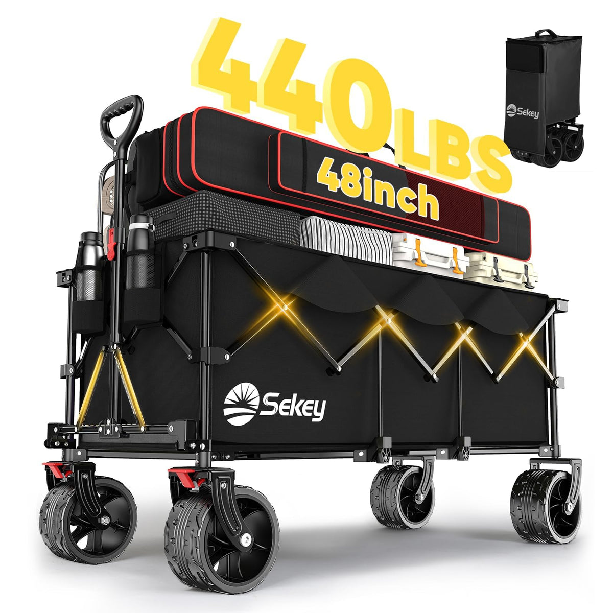Sekey 48''L Collapsible Foldable Extended Wagon with 440lbs Weight Capacity, Heavy Duty 300L Folding Utility Garden Cart with Big All-Terrain Beach Wheels & Drink Holders. Black