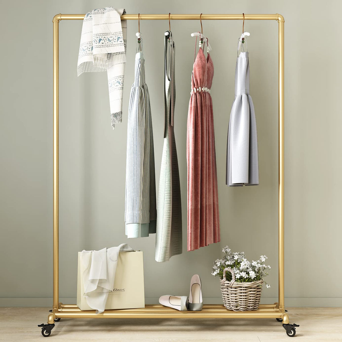 FONECHIN Industrial Gold Clothing Racks on Wheels, Boutique Display Gold Clothes Rack with Shelf, Rolling Garment Rack for Retail Use