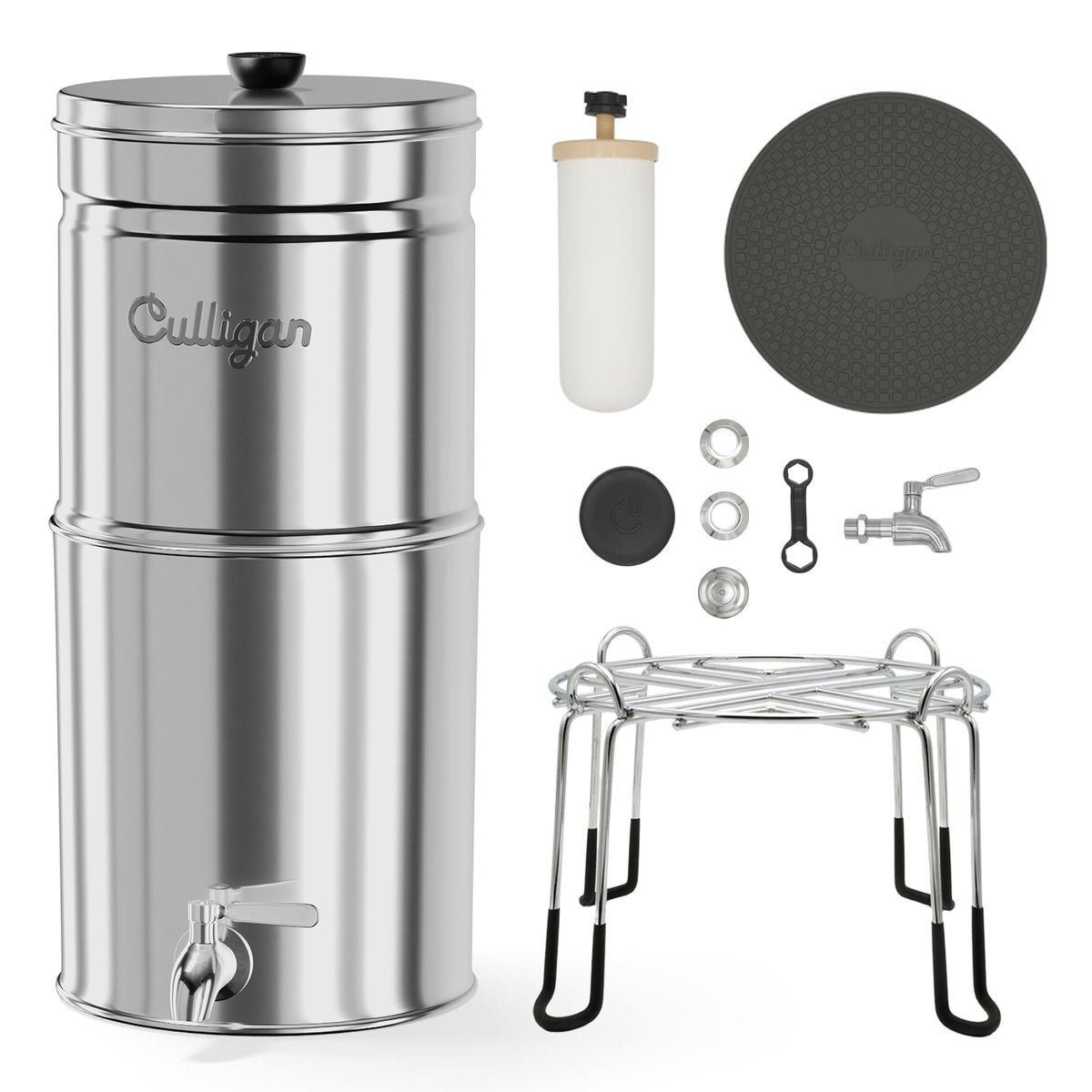 Culligan MaxClear 2.25 Gallon Gravity Water Filter System, Polished Stainless-Steel Countertop Water Filter NSF/ANSI Certified to Reduce Microplastics, Lead & Total PFAS, with 2 Ceramic Filter
